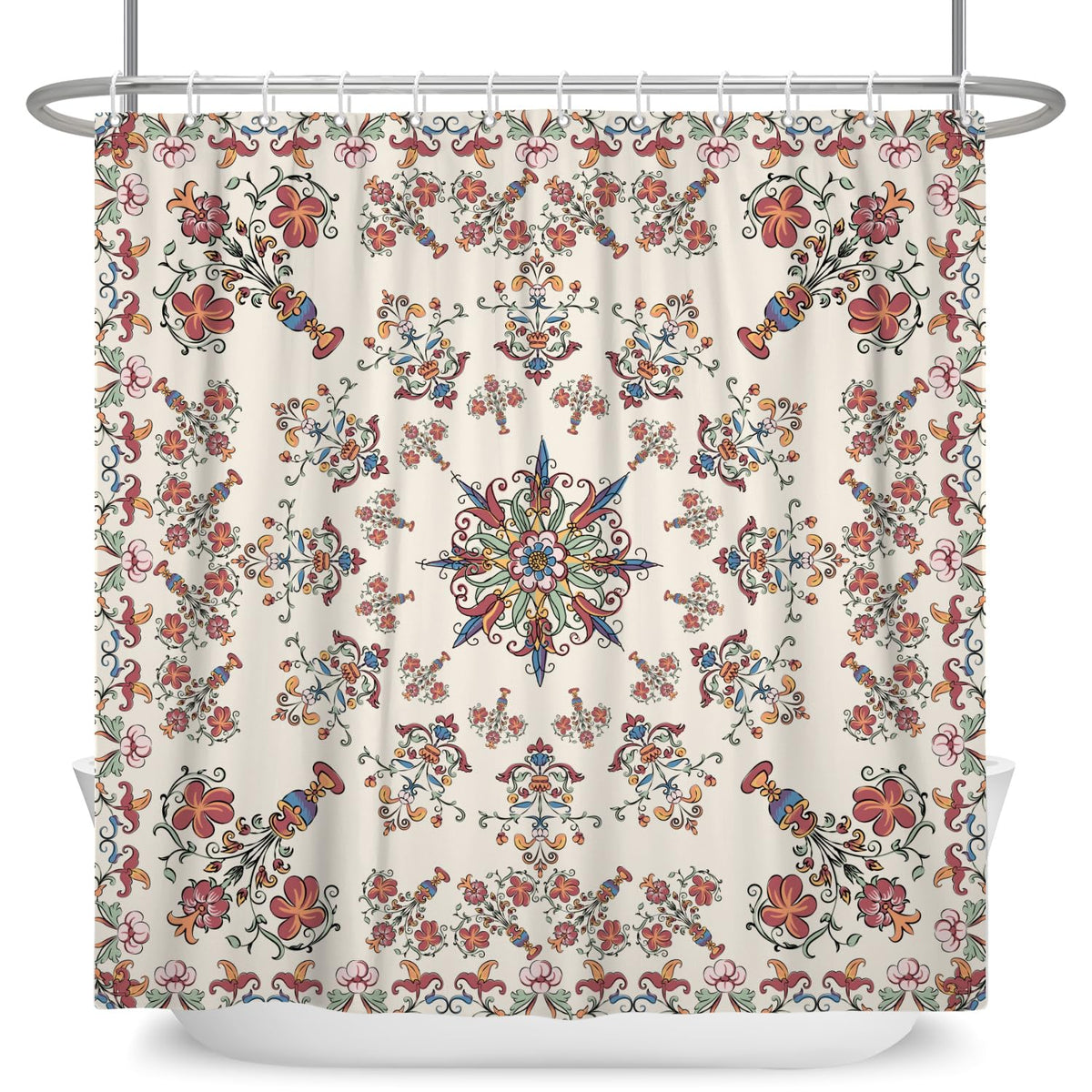 ASDCXZ Boho Shower Curtain 180 x 180 cm, Vintage Flowers Geometry Pattern Boho Style Beige Bathroom Washable Shower Curtains Polyester Textile