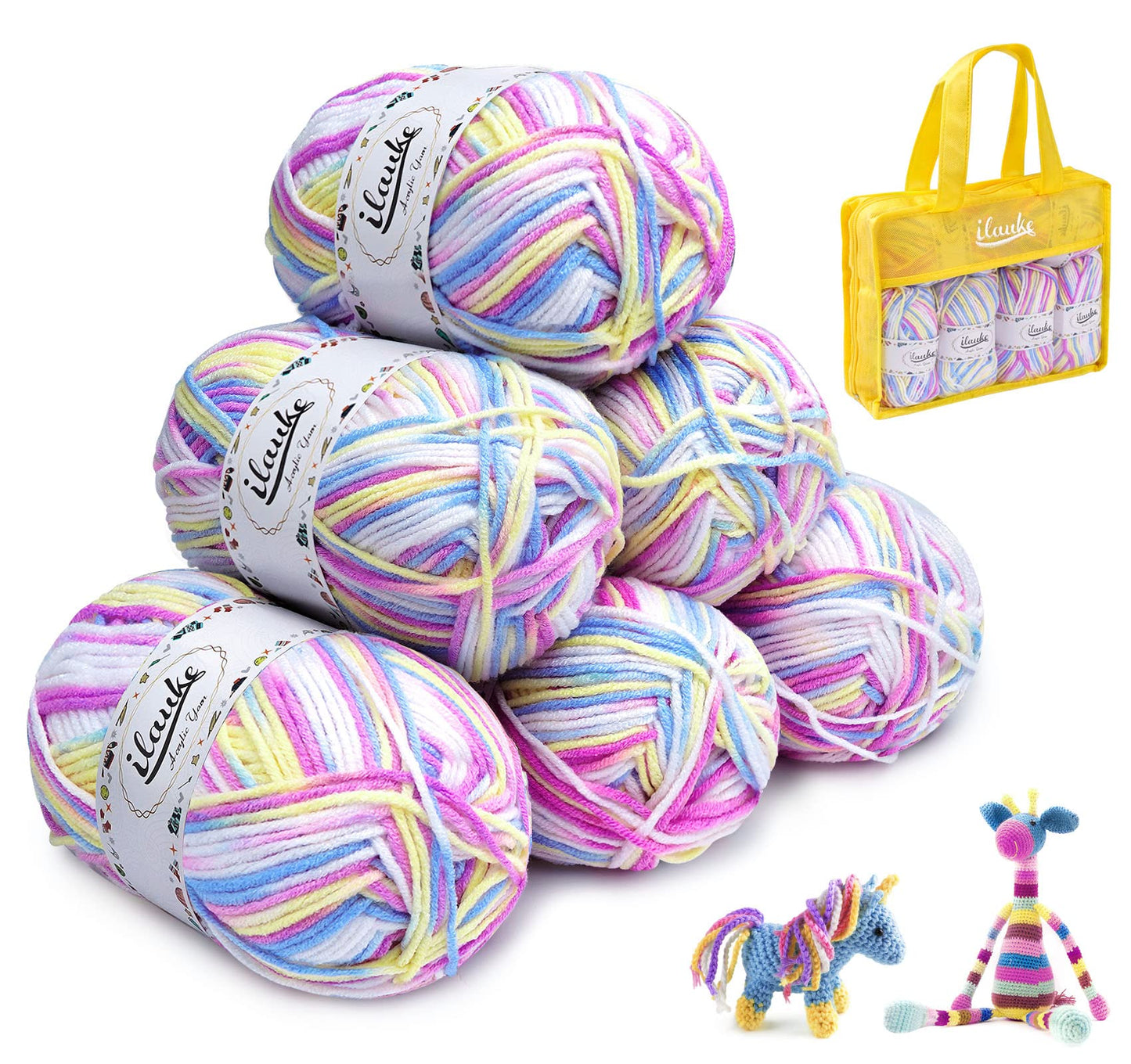 ilauke Knitting Wool Yarn 6 x 50g, Colorful Wool for Knitting, Acrylic Crochet Yarn, Double Knitting Wool for Crochet, Weaving, DIY Craft Projects