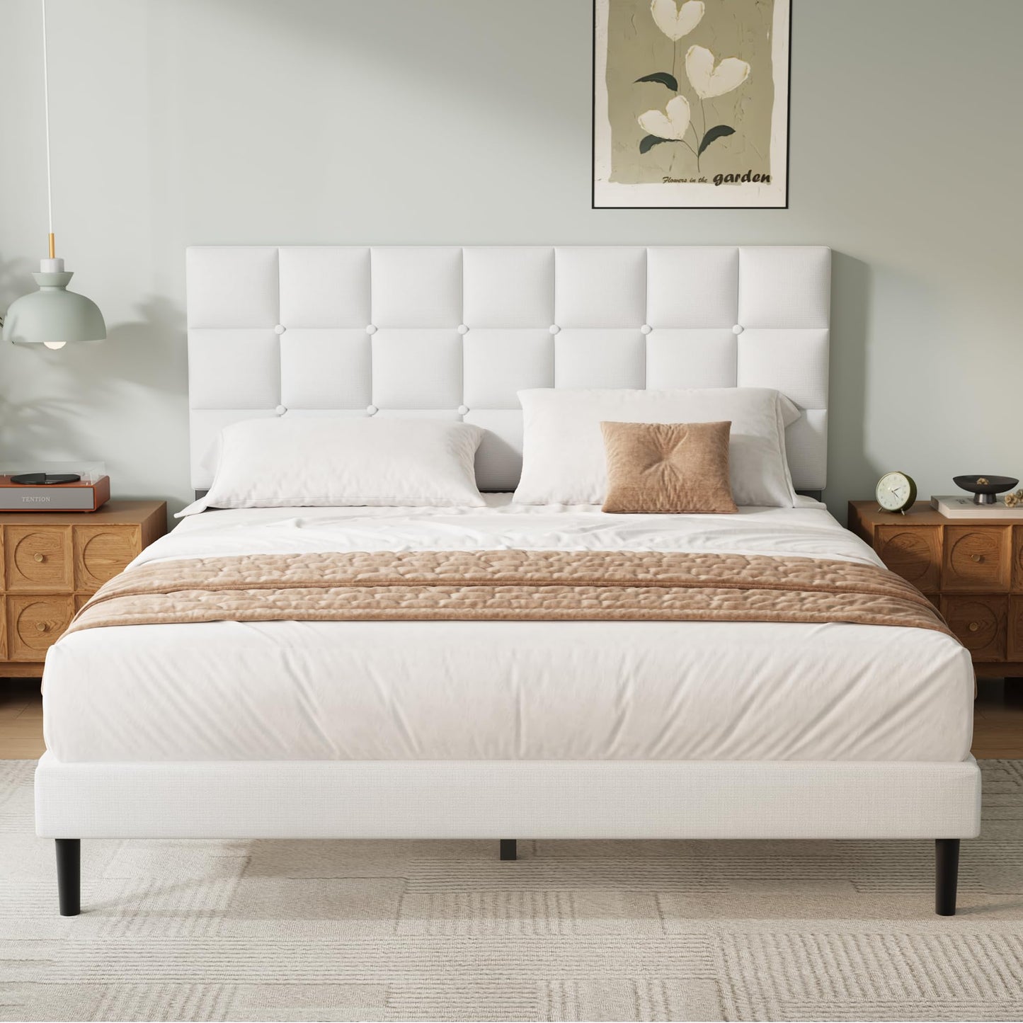 Yocreat Double Bed Frame, Easy Assembly, Sturdy Wooden Slat Support, Upholstered Platform with Headboard, No Box Spring Needed, White Double Bed