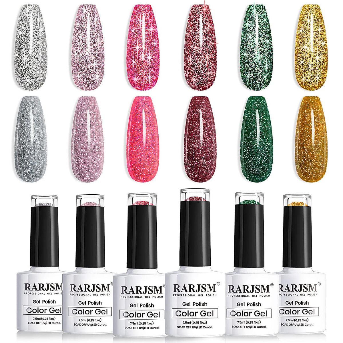 RARJSM Glitter Gel Nail Polish Set Reflective Sparkle Gelpolish Disco Diamond NailGel 6pcs Gold Hot Pink Green Red Sliver Gel Nail Art Varnish