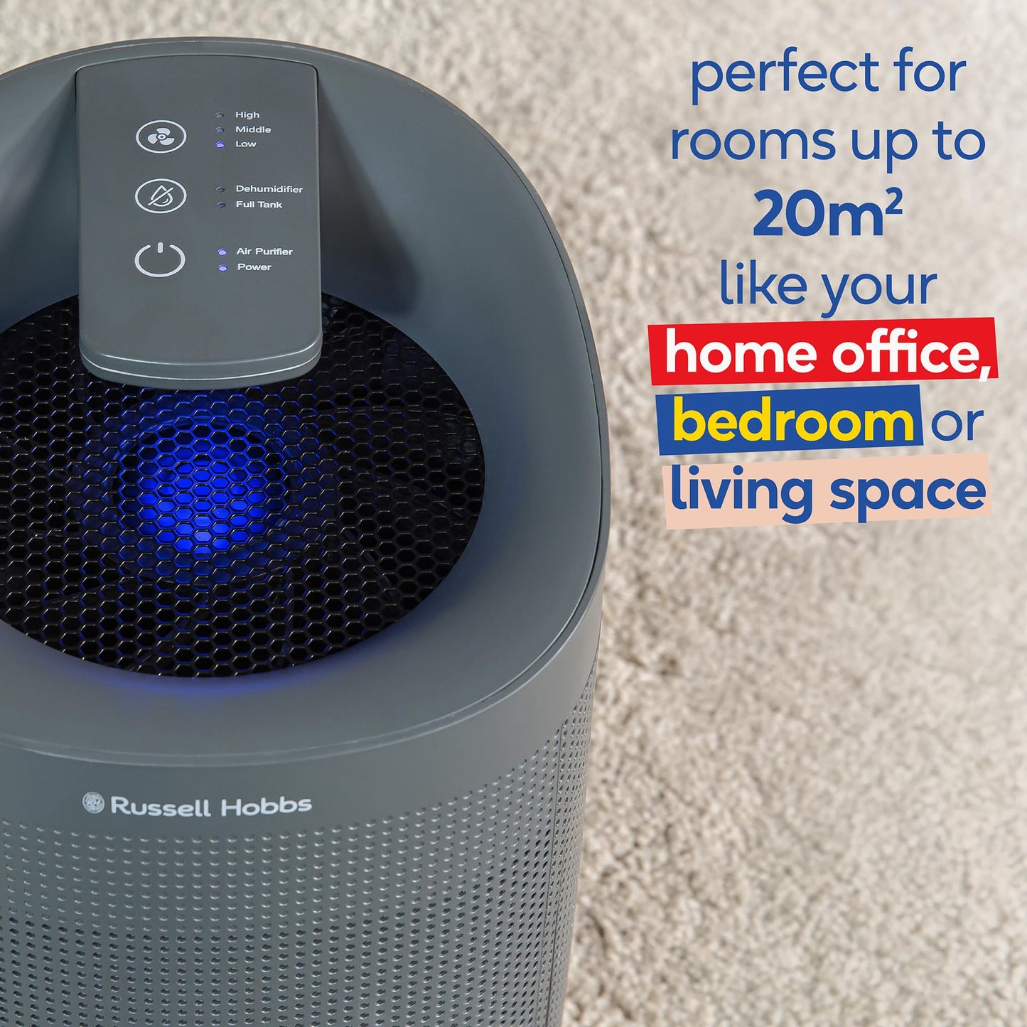 Russell Hobbs RHDH1101G Ozone Free, 750ml/day 2 in 1 Grey Dehumidifier/Air Purifier, 20m2 Room Size, LED Lighting & Captures Bacteria, for Home,