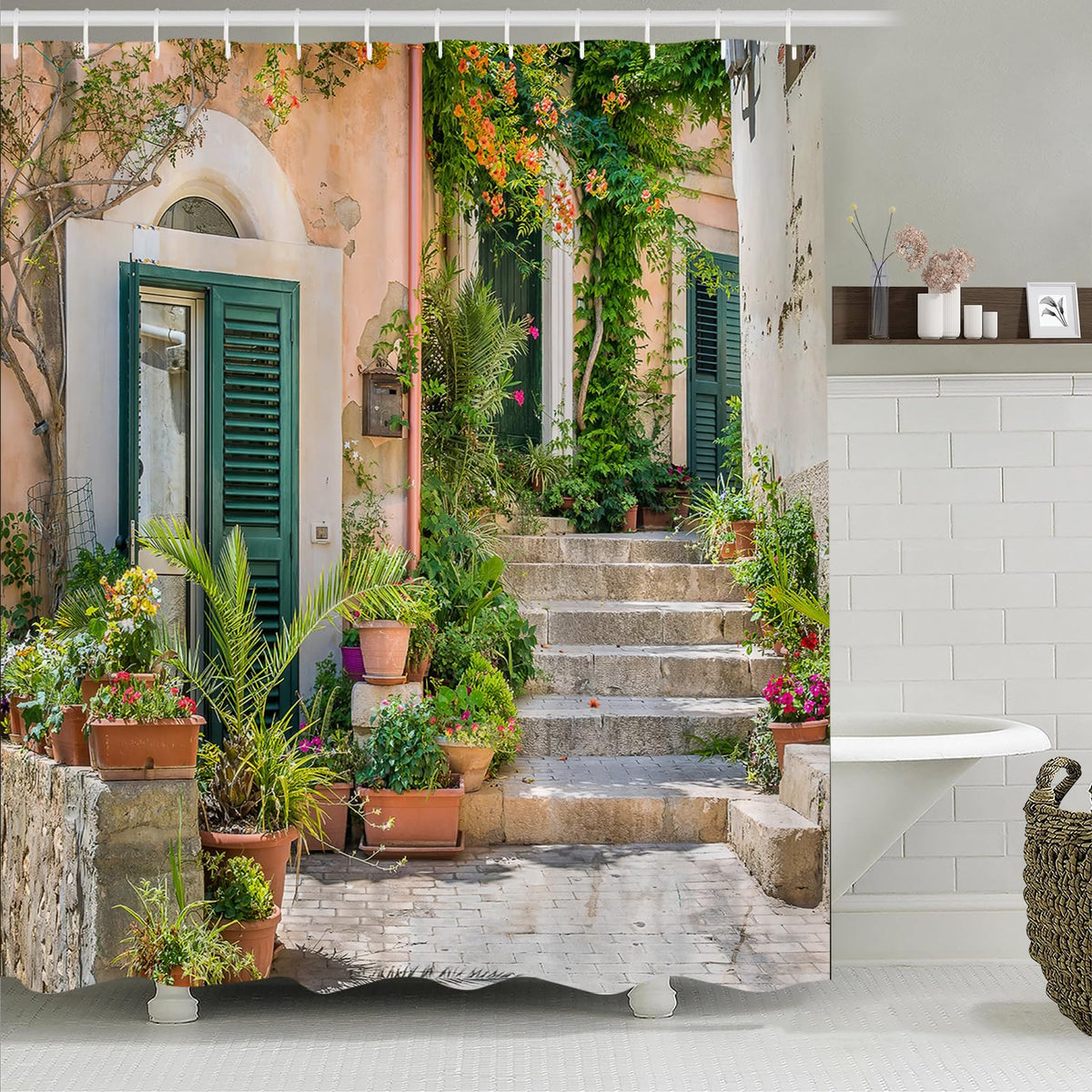 Simpomsy Street Scenery Shower Curtain with Old Stone House and Flower Picture Lightweight Quick-dry Cloth Bathroom Curtain with Hooks Tall Floral