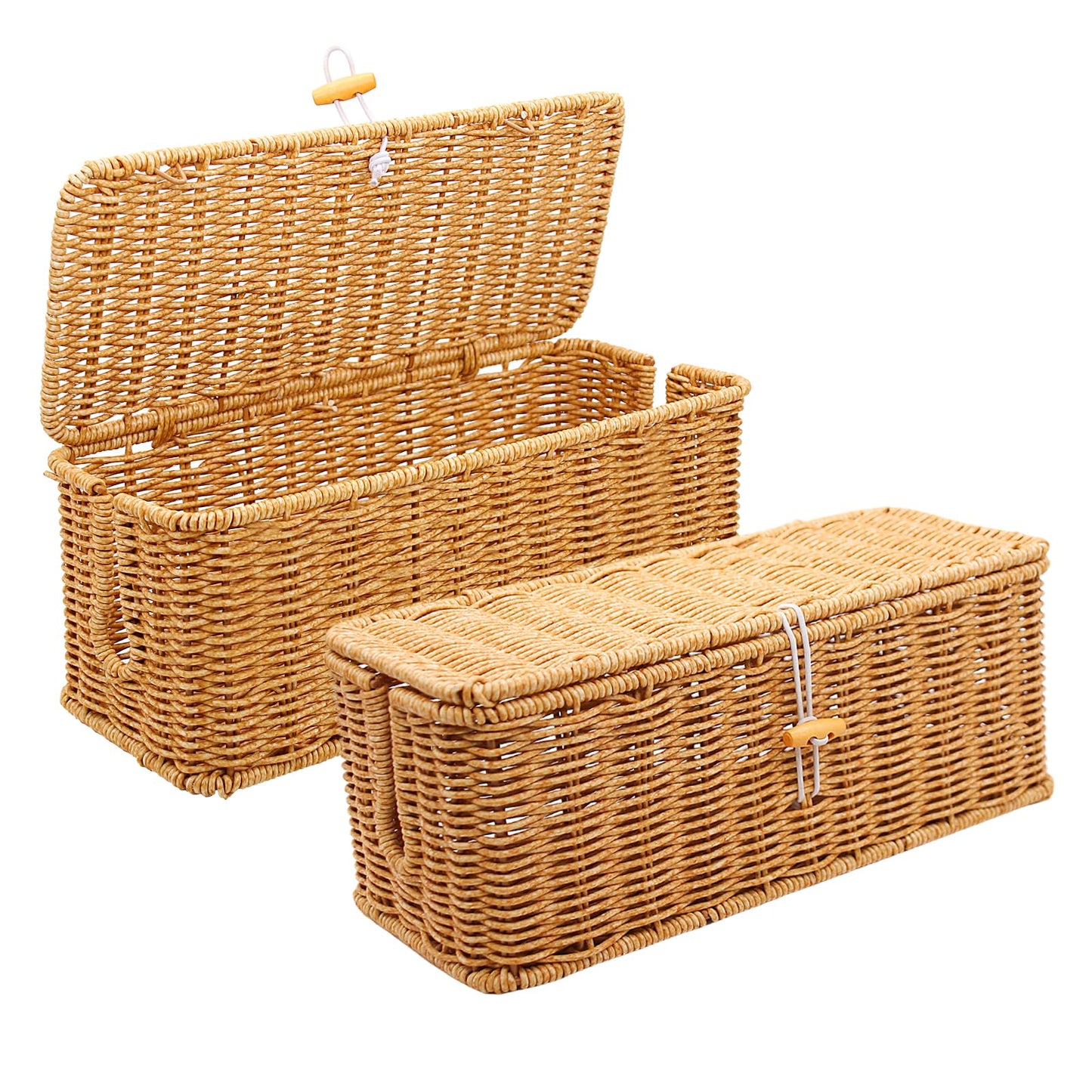 Cable Management Box, 2 Pack Handmade Imitation Rattan Cable Tidy Box with Locked Cover, 2 Open Slots Power Strip Organizer, Cord Organizer Boxes for