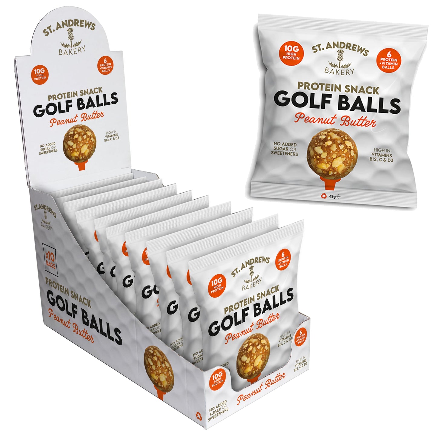 St. Andrews Bakery Golf Balls ? Peanut Butter ? 10 Pack ? Protein Snacks ? Gluten Free ? High Fibre ? Golf Snacks ? 10 x 45g