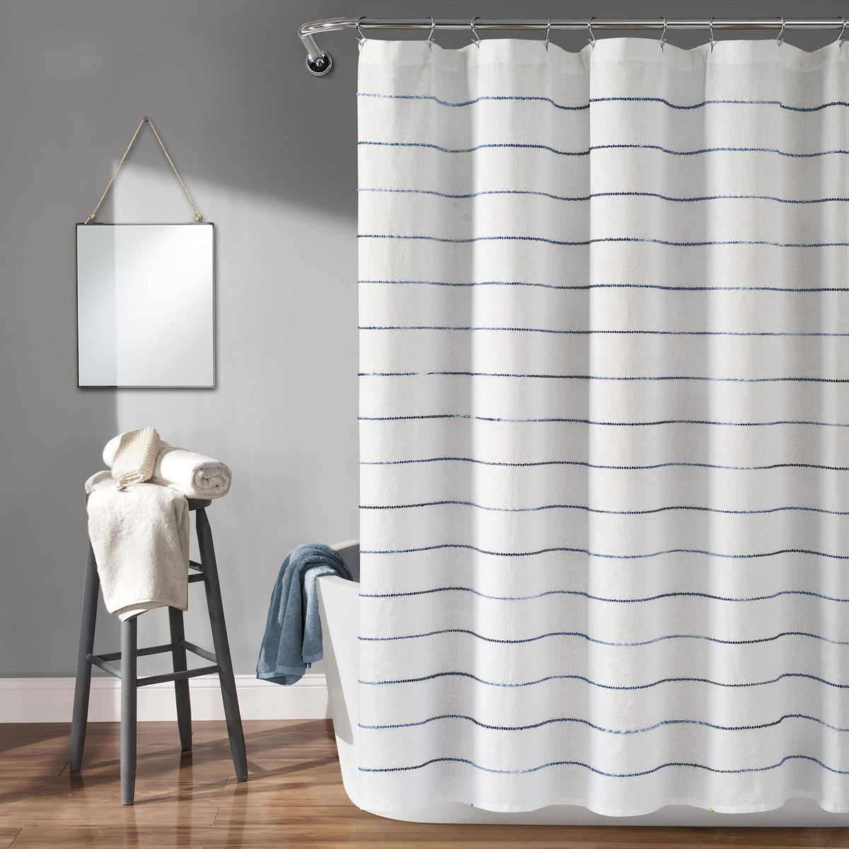 Lush Decor Ombre Stripe Yarn Dyed Cotton Shower Curtain, 72" W x 72" L, Navy & Multi - Colorful Tufted Stripes - Ombre Shower Curtain - Boho, Coastal