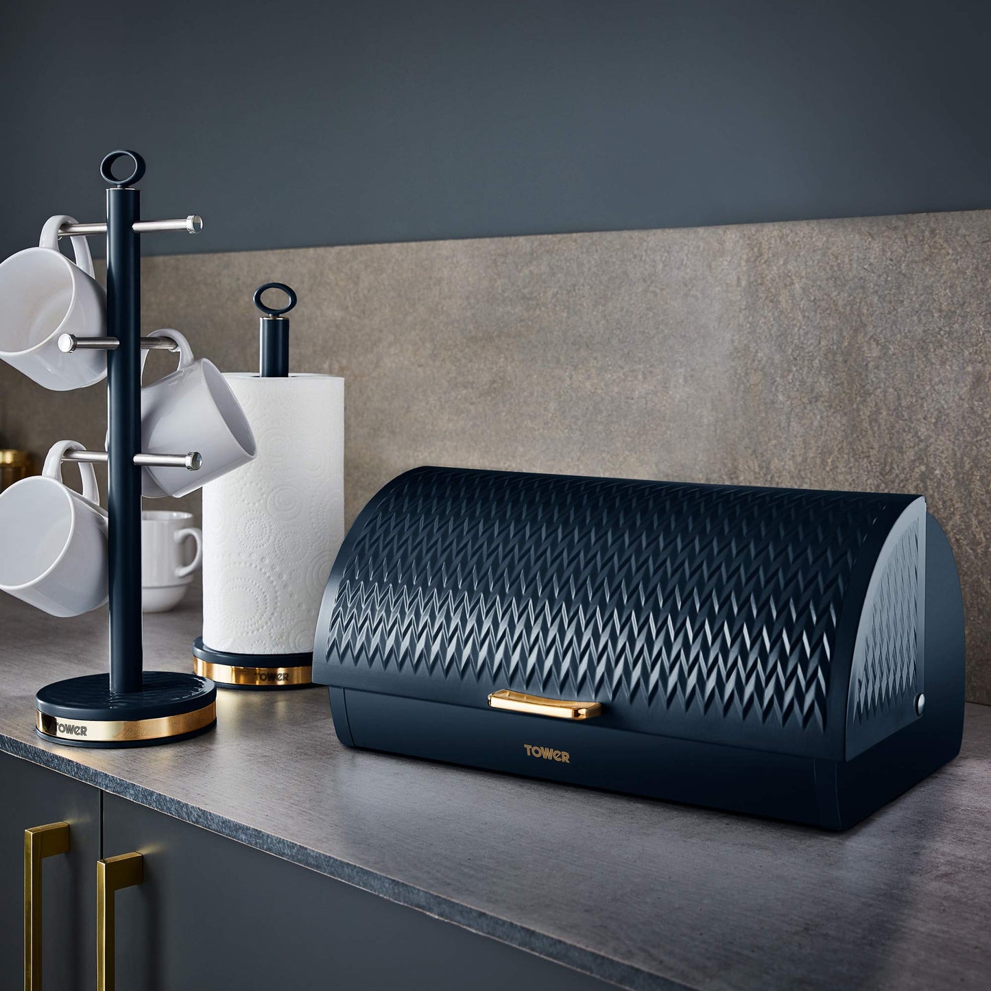 Tower T826090MNB Empire Roll Top Bread Bin, Stainless Steel, Midnight Blue and Brass