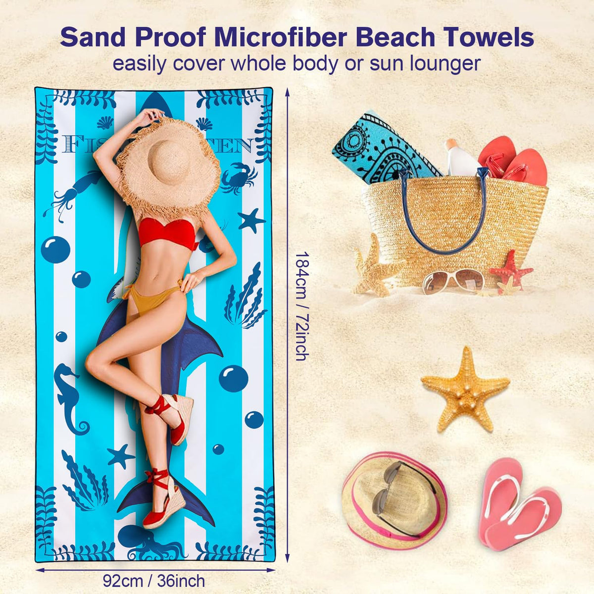 Violetpos Blue Stripe Great White Shark Beach Towel, Extra Large 180x90 cm 250GSM Microfibre, Sand Free Quick Dry
