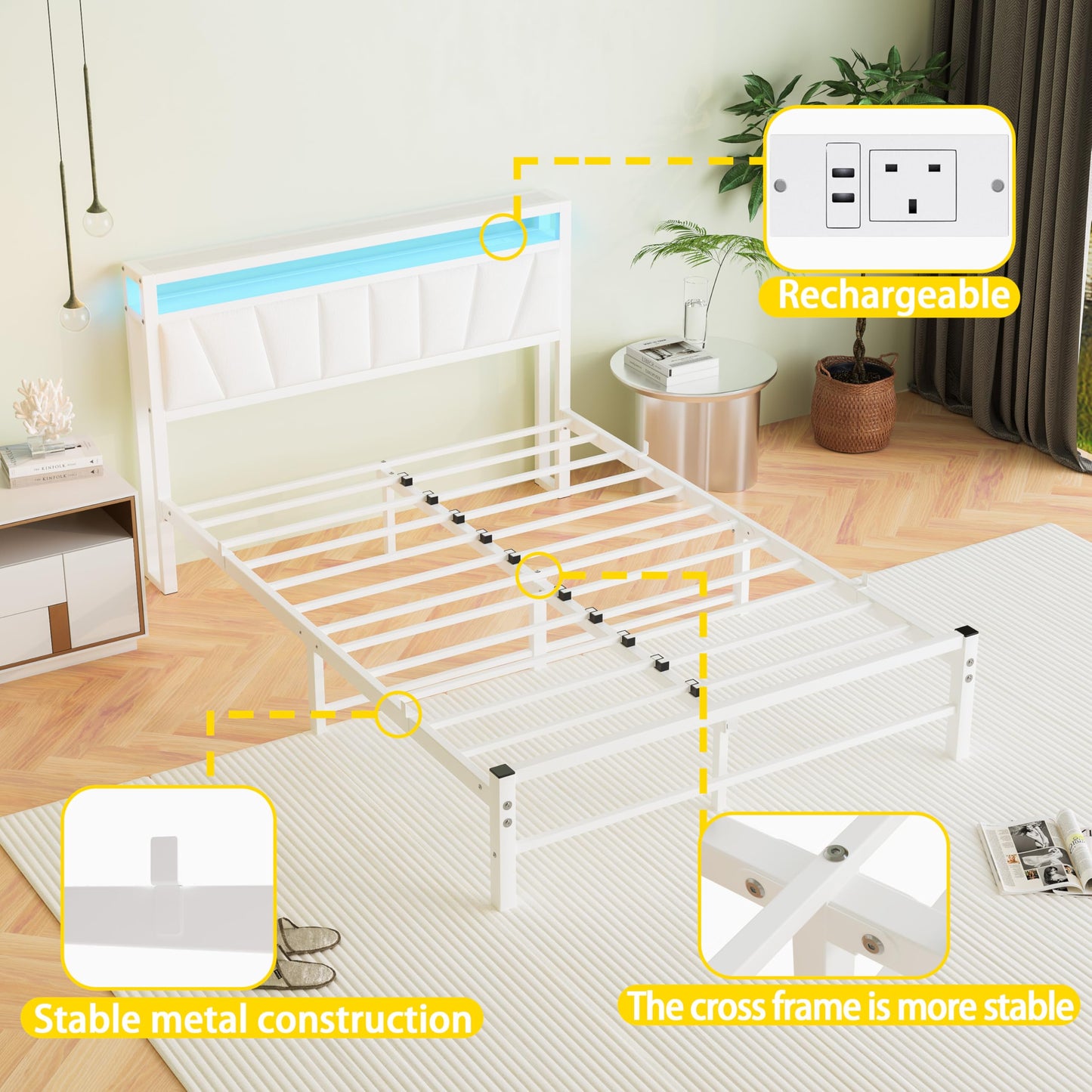 BORPHOM White Double Bed Frame with Storage and LED Lights,4ft6 Metal Platform Bed Frame Double Size Bed Base with Charging Station,Mattress