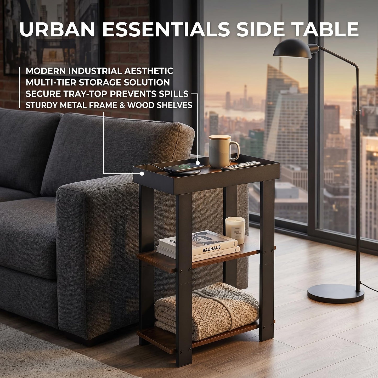 ZEXVIDA 3-Tier Narrow Side Table with Tray Top,Slim Side Table,Rustic Brown