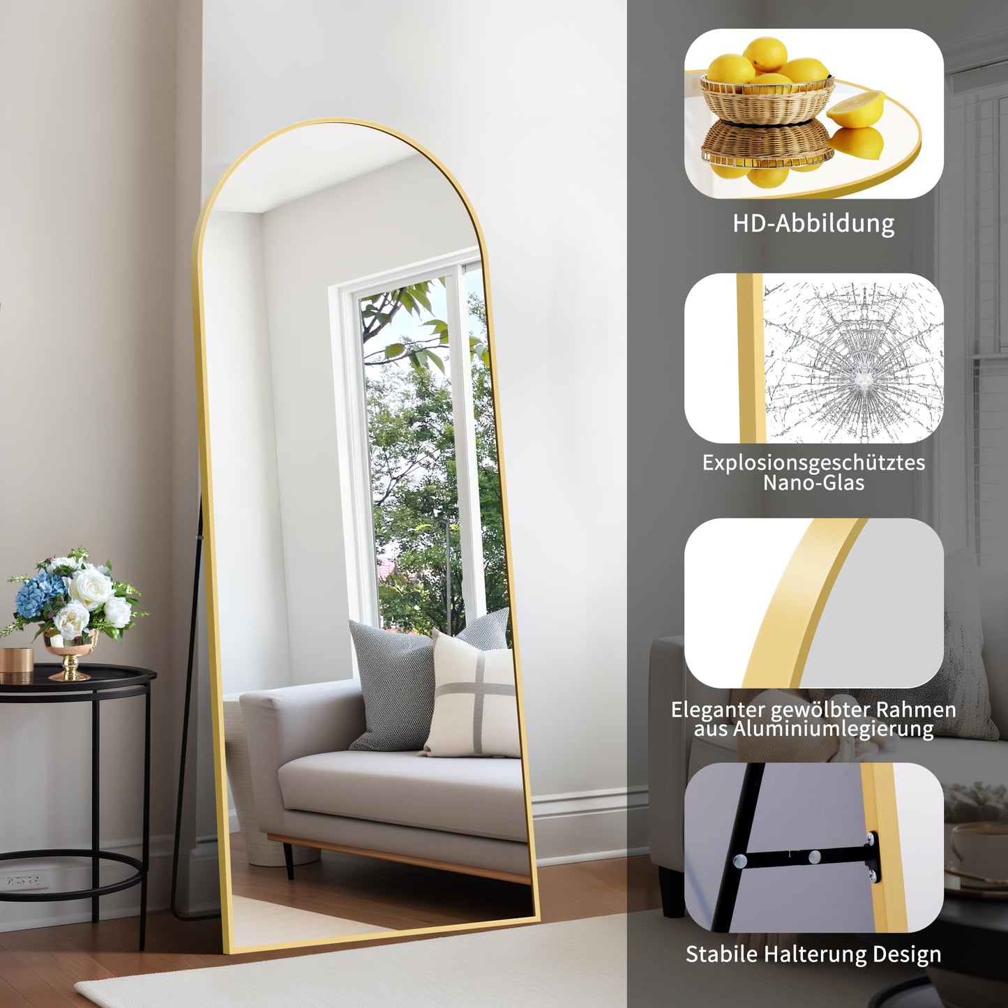 KOCUUY Arched Full Length Mirror, 161 x 52 cm Wall Mirror, Standing or Leaning Full Body Mirror with Aluminum Alloy Frame, Suitable for Bedrooms,