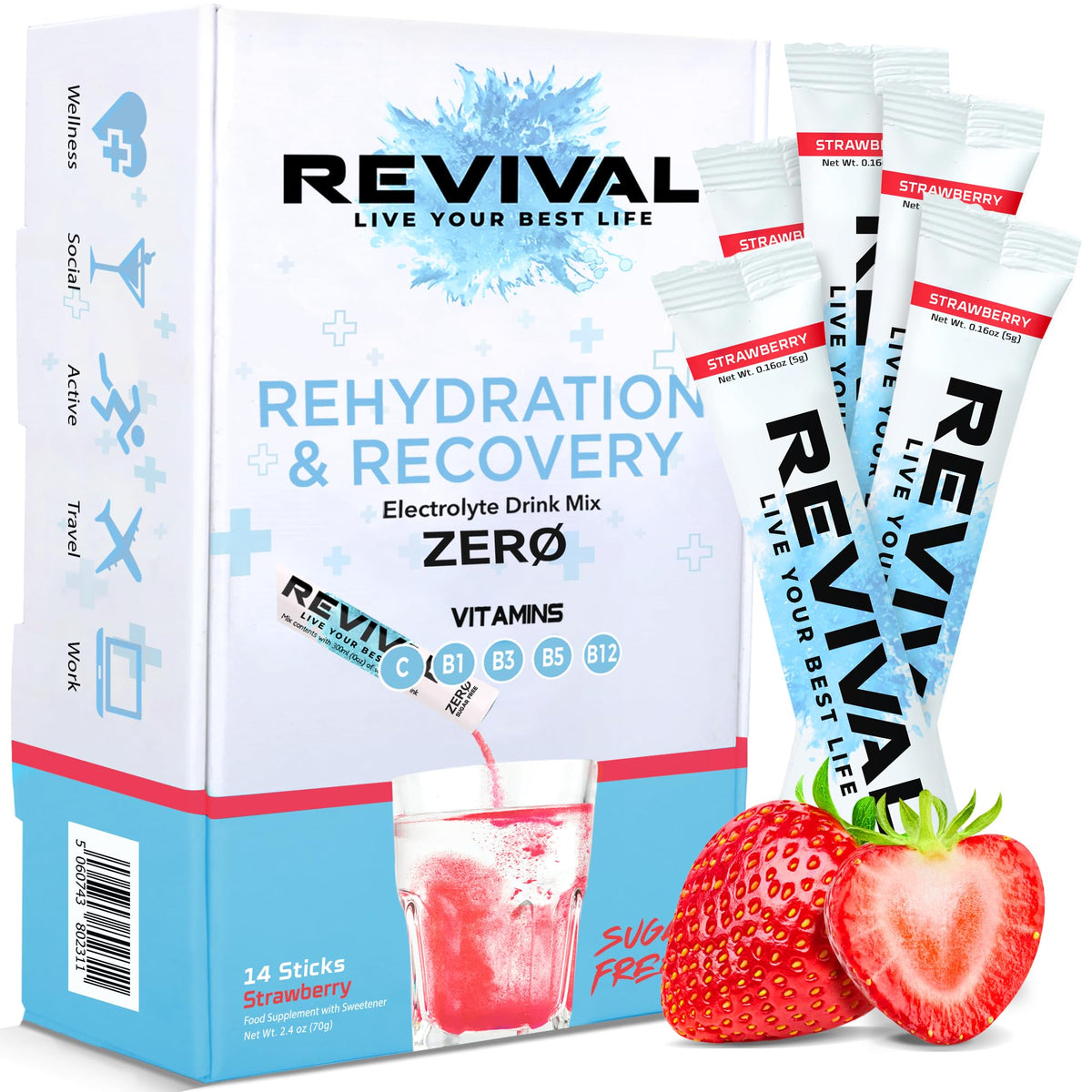 Revival Zero Rehydration Electrolytes Powder - Sugar Free Hydration Sachet Drink with Vitamins C, B1, B3, B5, B12 - Nutritional Supplement (14