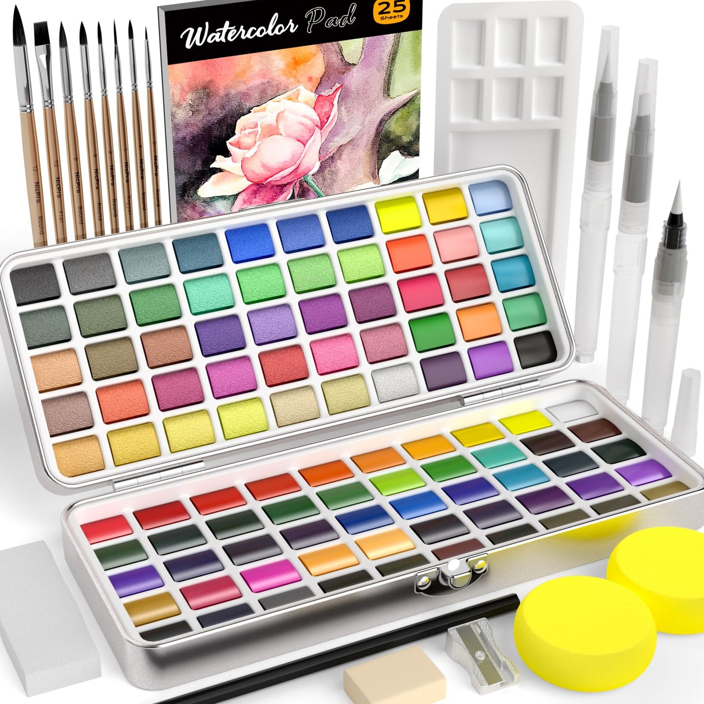 Nicpro 100 Colors Watercolour Paint Set include Metallic Macaron & Fluorescent, 8 Synthetic Squirrel Brushes, 25 Water Colour Paper, Palette, Art