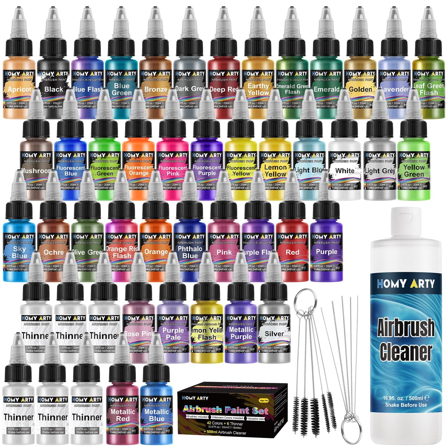 HOMY ARTY Airbrush Paint - 42 Colors with 6 Thinner & 500 ml Cleaner Kit with Brushes Airbrush Paint Set, Ready to Spray Acrylic Air Brush Paints for