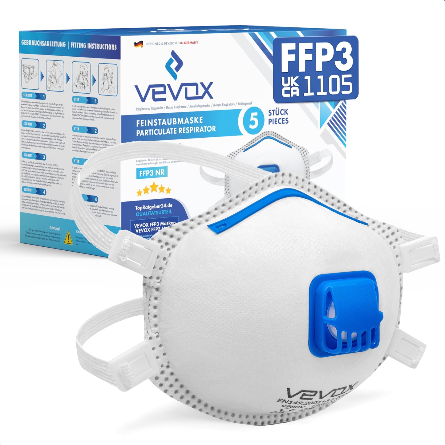 VEVOX? FFP3 Dust Mask - Set of 5 - Valved Face Masks - Respirator - Protection e.g. for Construction, Sanding, Spray Painting, Cleaning, Mould, Fine