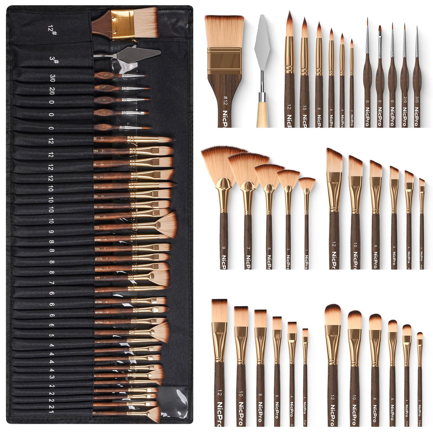 Nicpro 36pcs Paint Brush Set, Professional Paintbrushes with Palette Knife and Cloth Roll, Suitable for Acrylic Painting, Oil, Watercolour, Gouache,