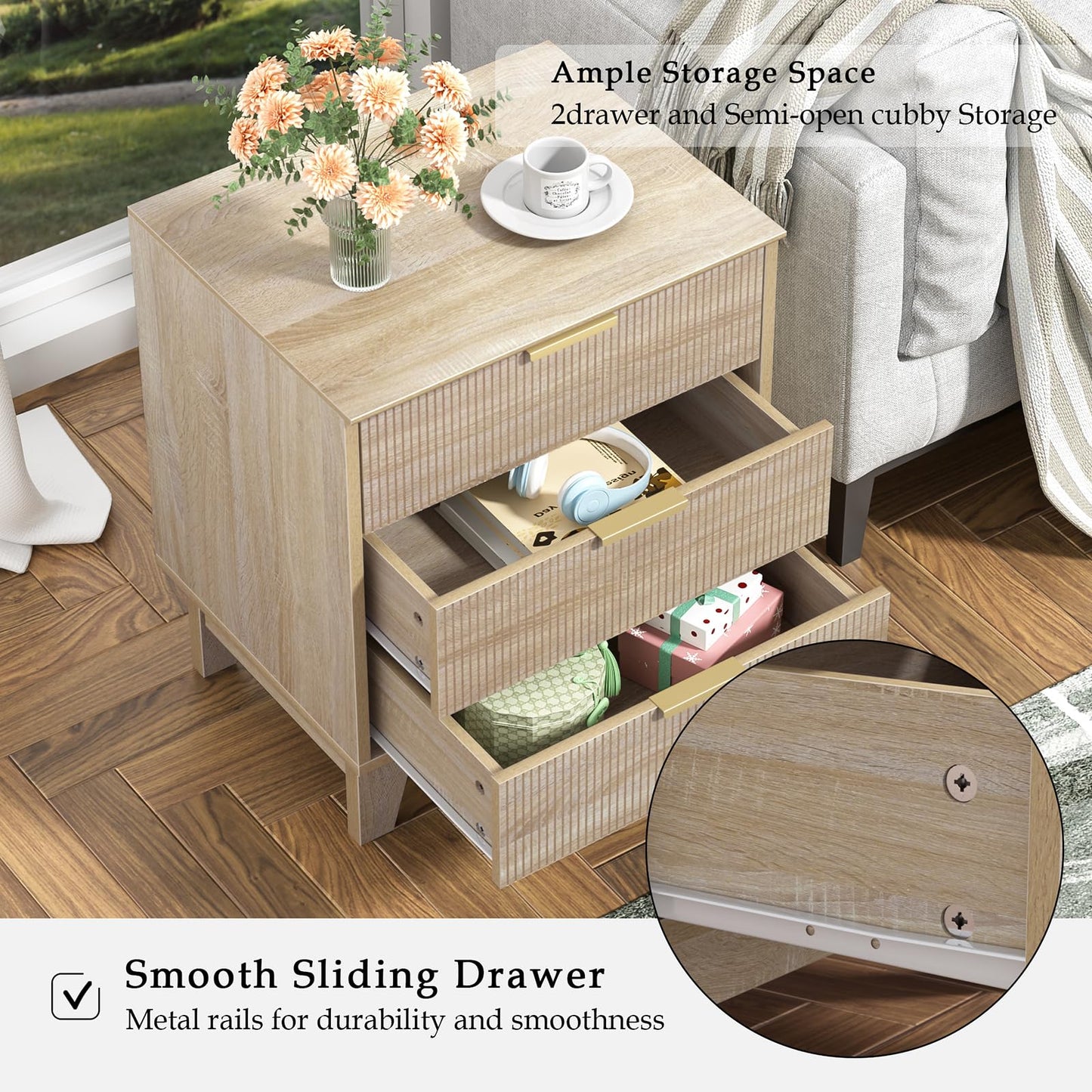 Yvsevnr Fluted Bedside Tables with 2 Drawer, Flexible Open Compartment, Wooden Sofa Side Table End Tables with Metal Handle Nightstand for