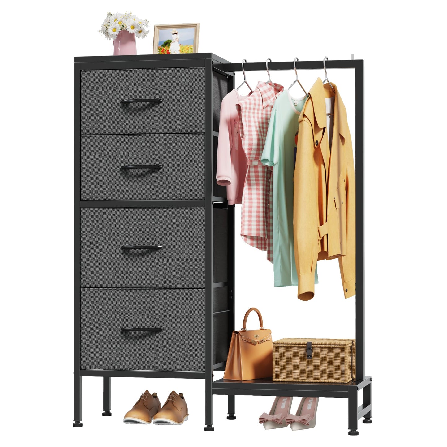 OYRREU 111cm Tall Chest of Drawers for Bedroom, 4 Fabric Drawer Small Dresser Storage Unit for Hallway Living Room Entryway, Reversible Closet Storage