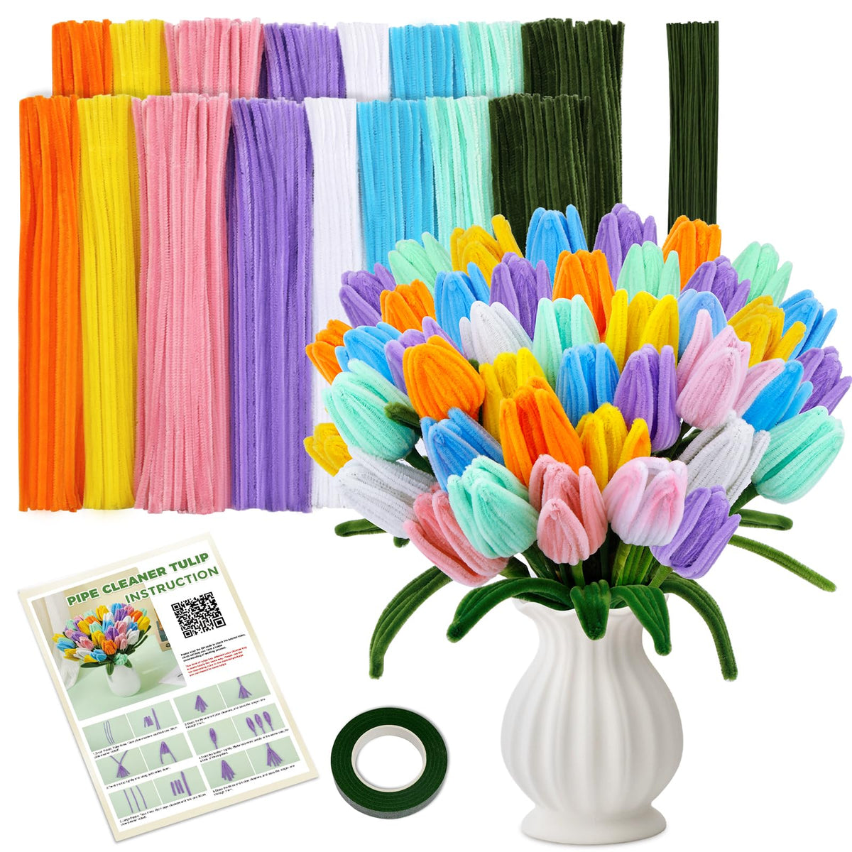 550 Pcs Pipe Cleaners for Craft Flowers Kit, 8 Colors Pipe Cleaners Craft Supplies for Flower Making, Chenille Pipe Cleaner Craft Kit for Arts