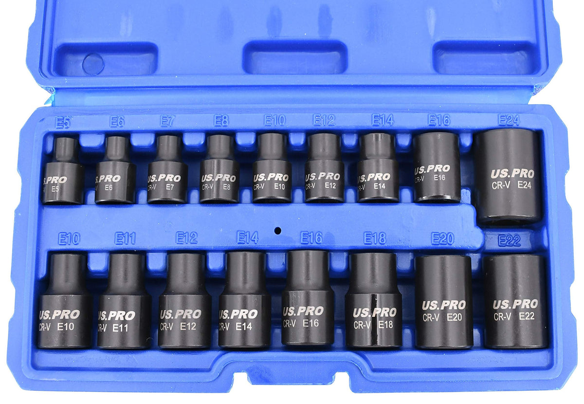 Impact E Torx Star Sockets Female E5 to E24 3/8? and 1/2'' Drive 17pc Set US Pro