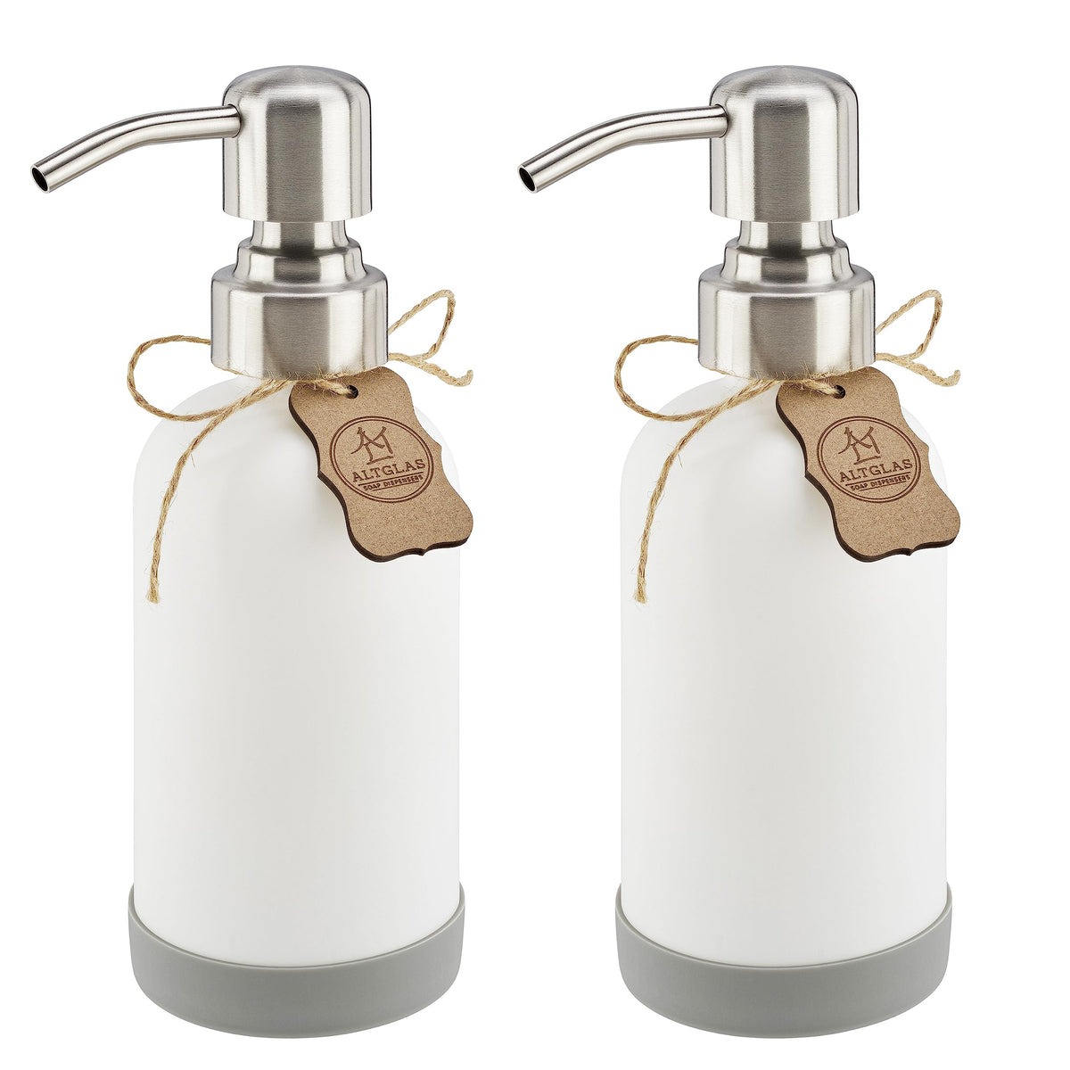 ALTGLAS Refillable Glass Soap Dispenser 'Sarajevo' from Small White Bottle with Stainless Steel Pump and Silicone Coaster (250ml, Set of 2)