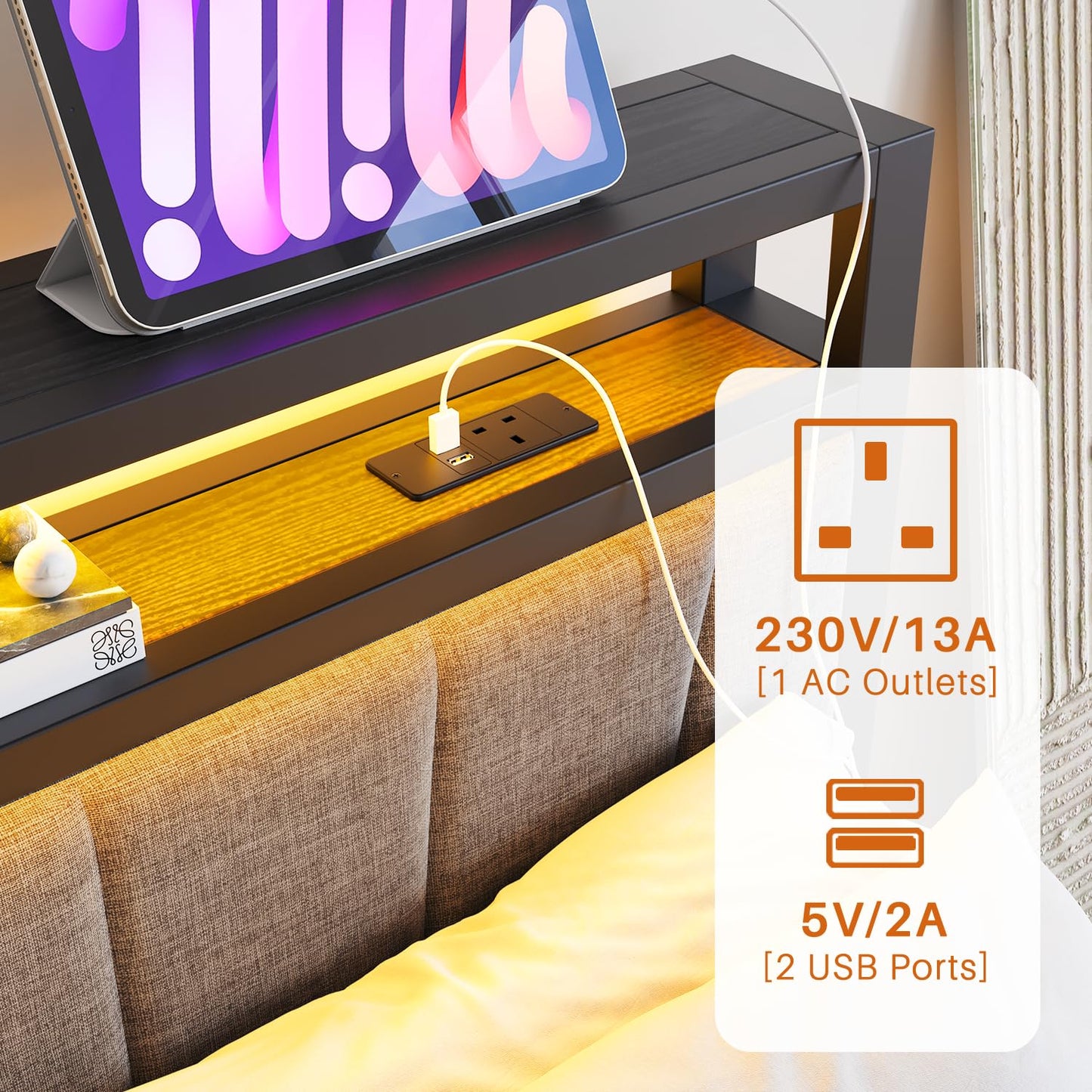 BORPHOM Double Bed Frame with Storage and LED Lights,4ft6 Metal Platform Bed Frame Double Size Bed Base with Charging Station,Mattress Base,Strong