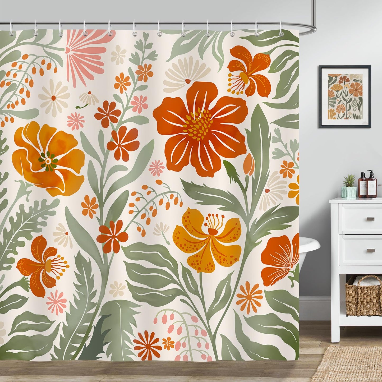 Bonhause Boho Floral Shower Curtain, Retro Flower Leaves Mid Century Modern Bathroom Curtain 180 x 180 cm Waterproof Mildew and Mould Resistant
