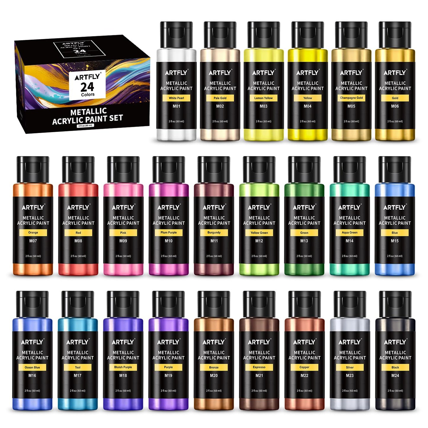 ARTFLY Metallic Acrylic Paint Set, 24 Metallic Colors in 2 oz/60ml Bottles, Shining Acrylic Paint, Rich Pigments Perfect for Artists, Beginners on