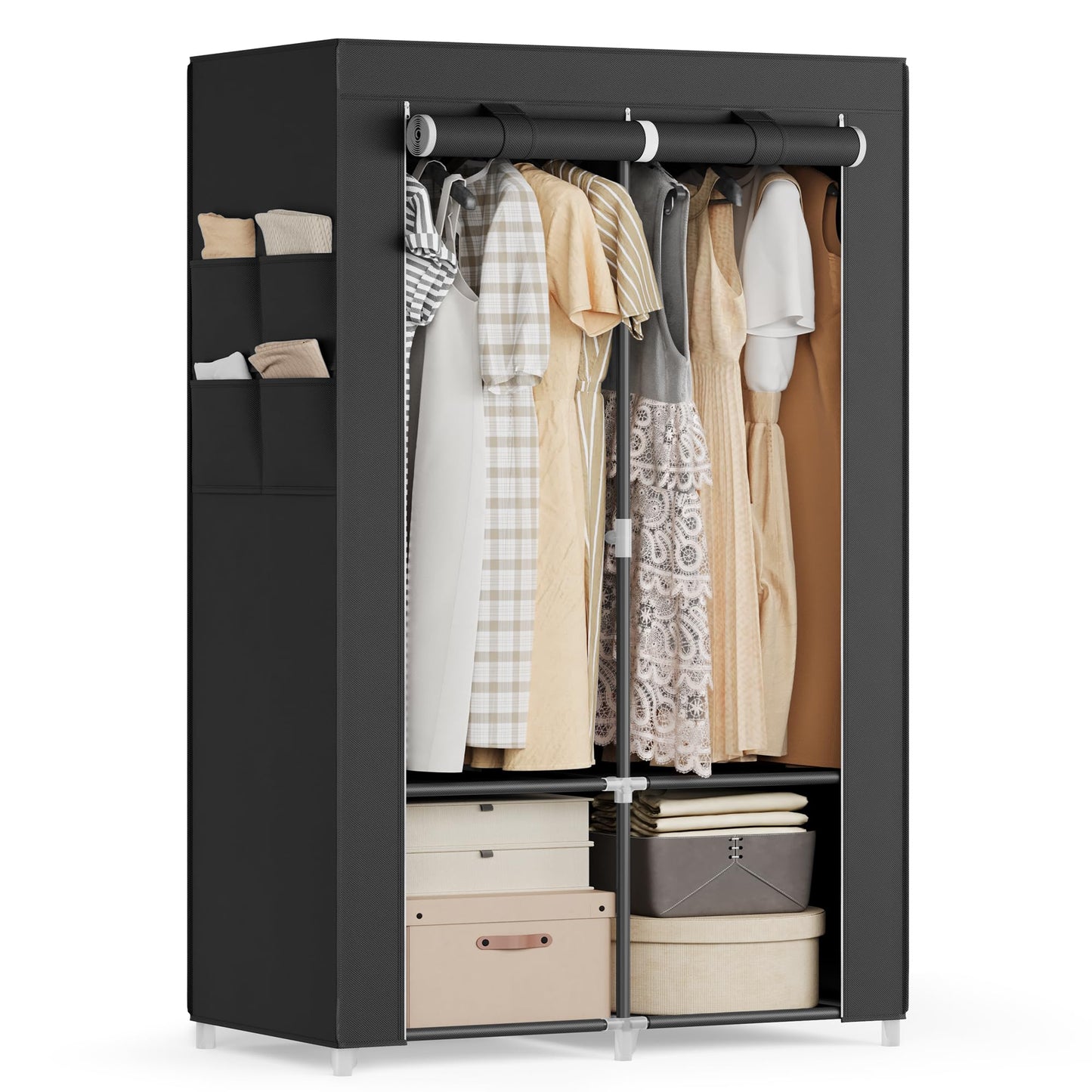 SONGMICS Clothes Wardrobe, Portable Closet, Garment Organiser Rack with 2 Hanging Rails, Shelves, 4 Side Pockets, 45 x 86 x 167 cm, Large Capacity,