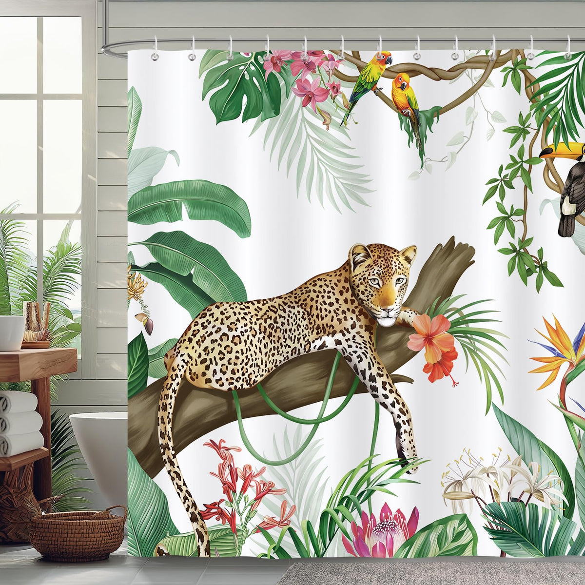 Bonhause Leopard Tropical Leaves Shower Curtain, Jungle Wildlife Animal Parrot Bathroom Curtain 180 x 180 cm Waterproof Mildew and Mould Resistant