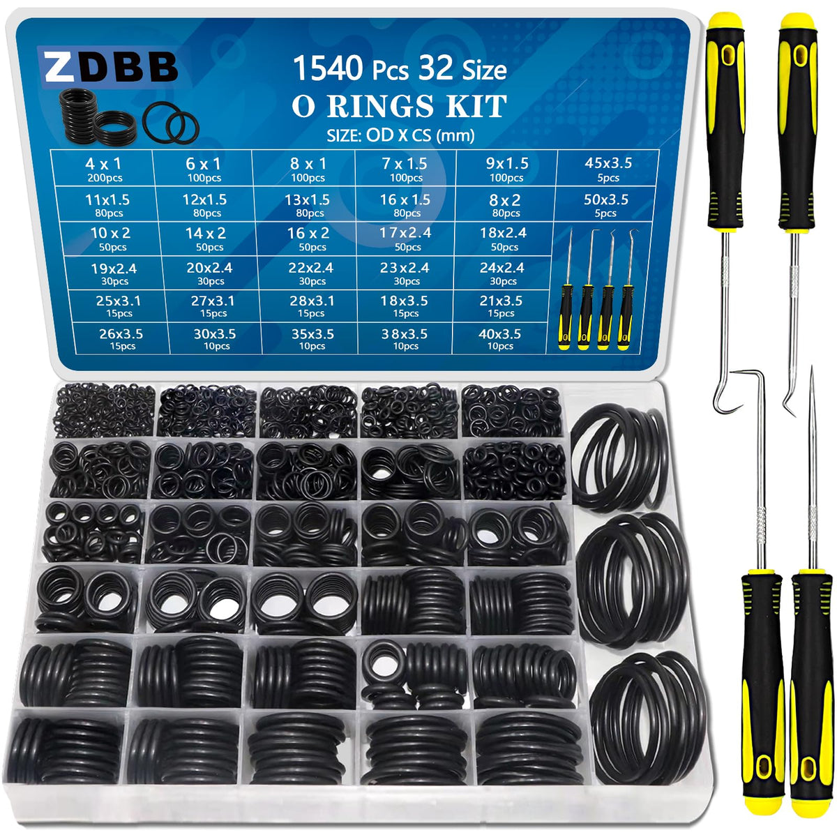 ZDBB 32 Size 1540 Pcs O Rings Assortment Kit Metric Nitrile Rubber Oring Set with 4 Pick for Automotive Faucet Pressure Washer Plumbing Air or Gas