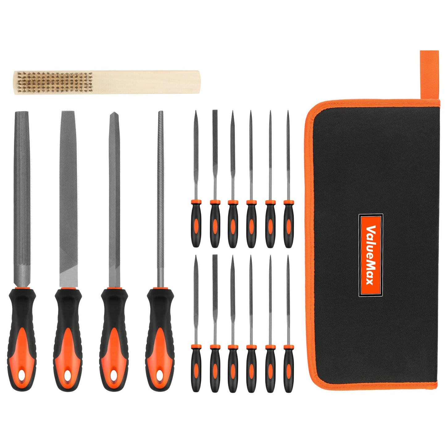 ValueMax 17-Piece File Set, 4 Large Files and 12 Needle Files, Flat/Round/Half-Round/Triangular/Square Files with Metal Brush, Files for Metal, Wood,