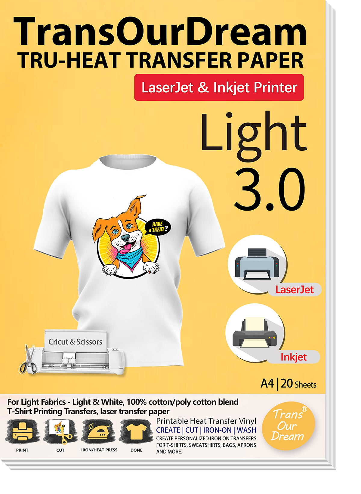 TransOurDream Tru-T Shirt Transfer Paper 20 Sheets A4 Iron On Transfers for Inkjet & Laser Printer Printable HTV Heat Transfer Vinyl for White and