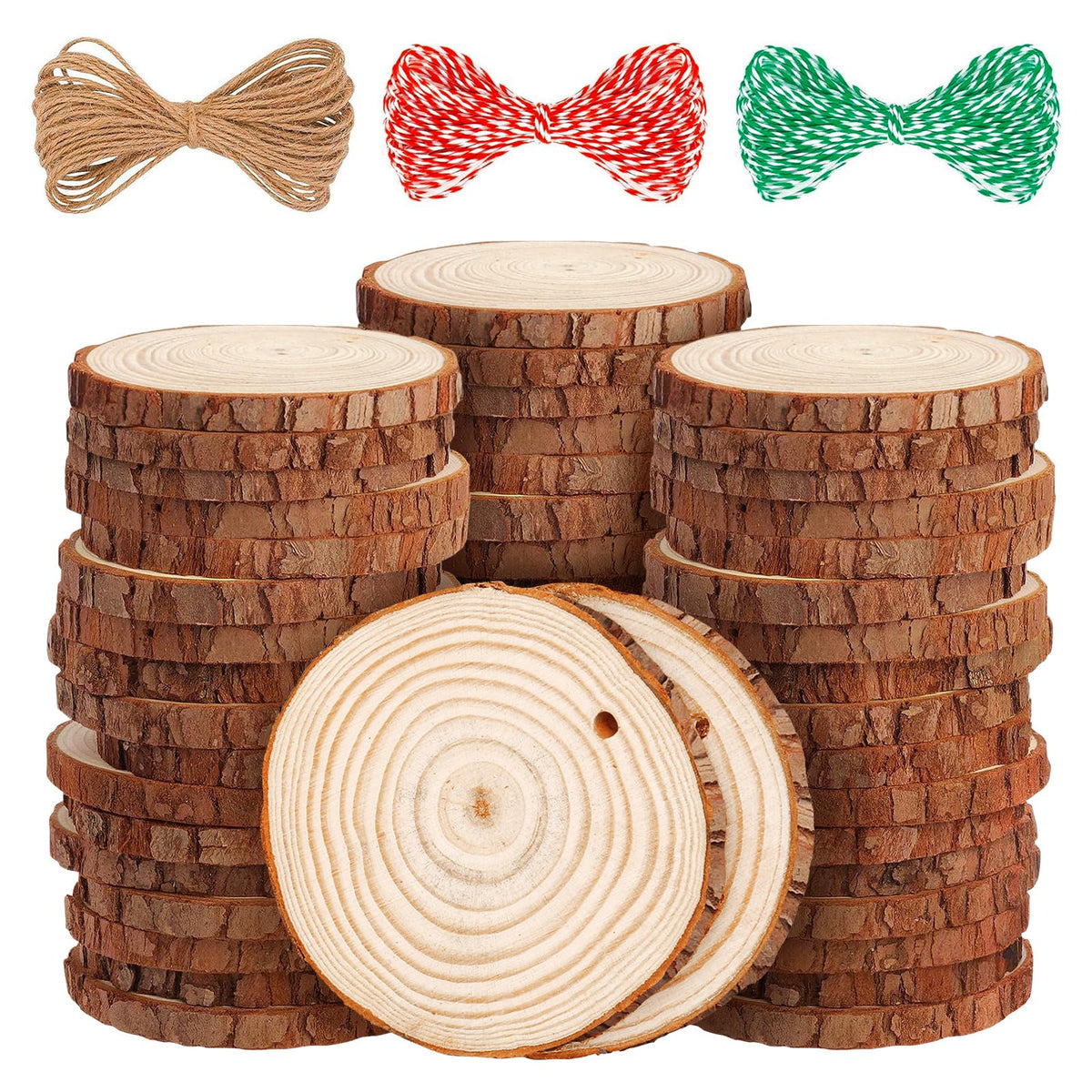 LOOFORE Natural Wood Slices, 54 Pcs 6-7cm Unfinished Wooden Coasters, Predrilled Log Discs Wooden Log Slices, with 3 Ropes for Arts DIY Crafts,