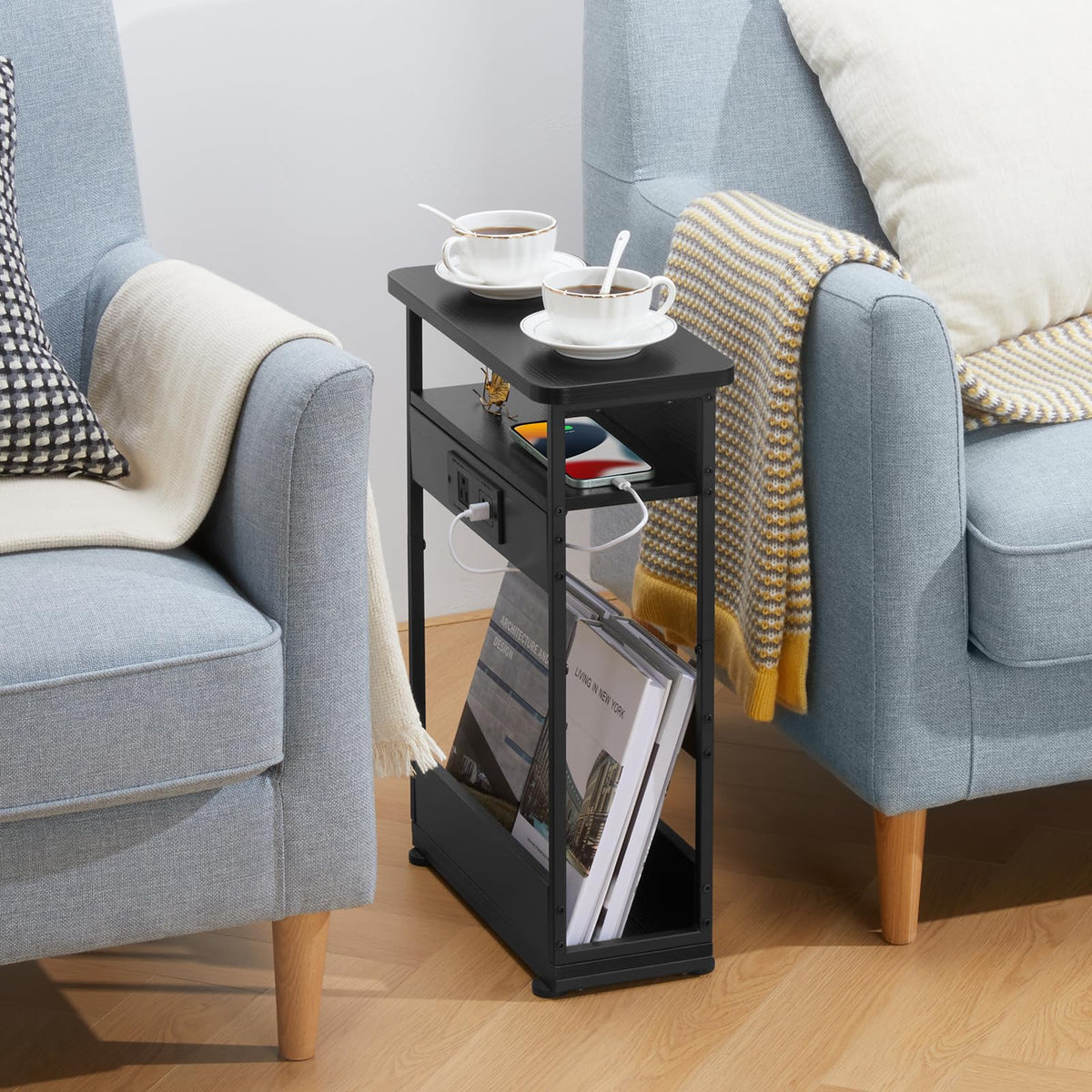 YEAKOO Narrow Side Table with Charging Station, 3-Tier End Table with 2 USB Ports & Power Outlets,Thin Sofa Side Table for Narrow and Small Spaces,