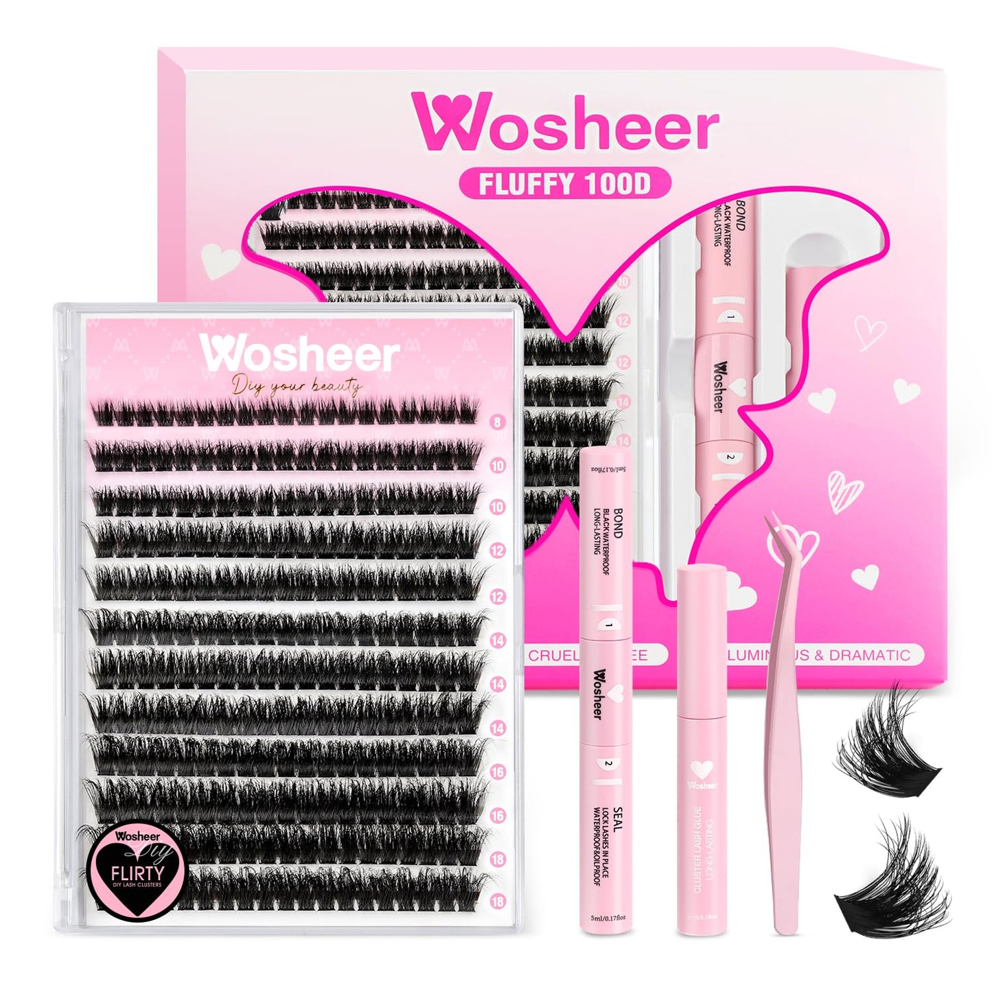 Wosheer Cluster Lashes Kit Individual Cluster Kit 100D Fluffy Cluster Lashes Clusters with Bond and Glue D Curvature Fluffy Lashes (Flirty Kit,