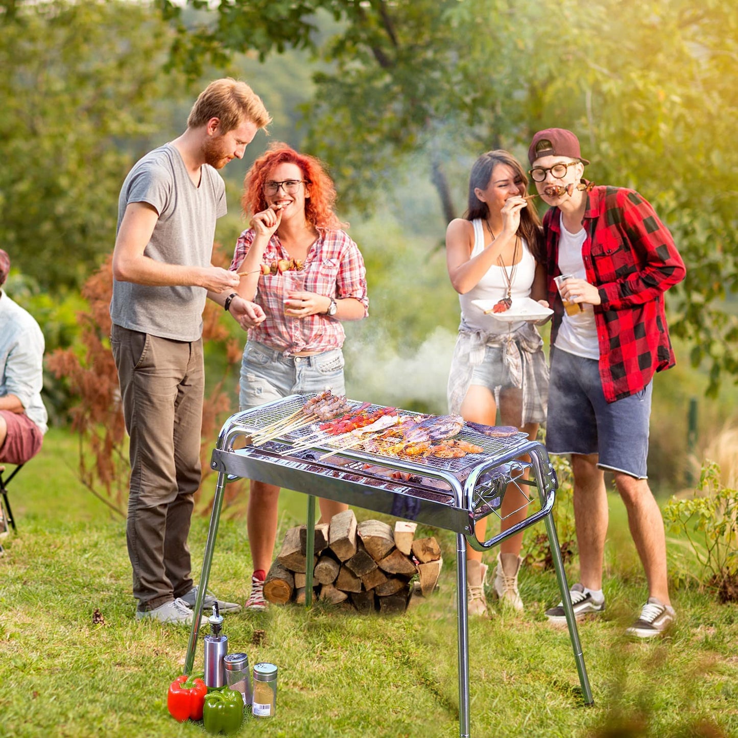 Uten Barbecue Grill, 430 Rustproof Stainless Steel Barbecue Grill, Two Heights Adjustable, Outdoor Charcoal BBQ for 5-10 Persons Family Picnic Garden