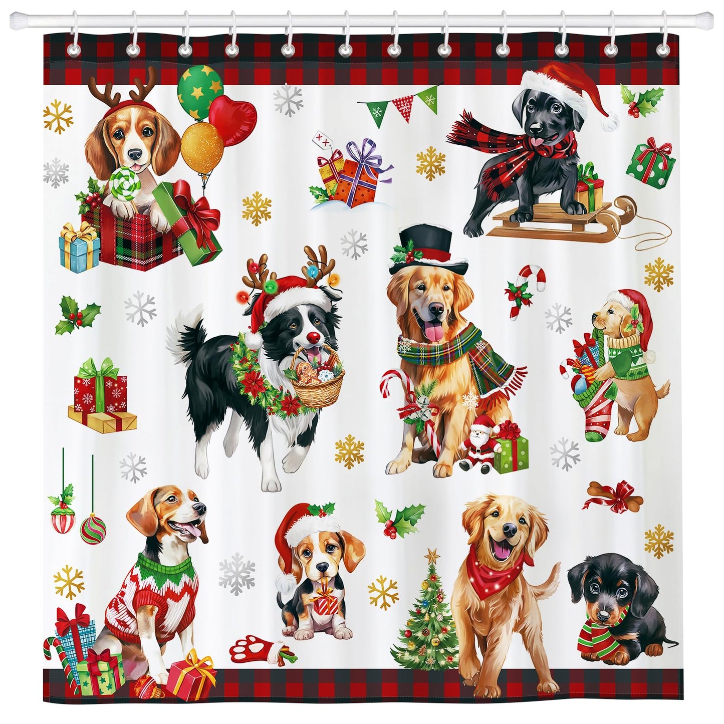 Arquiel Christmas Dogs Shower Curtain Sets, Waterproof Polyester Fabric Shower Curtains With 12 Hooks for Bathroom Home Decoration, 72 ? 72 Inch