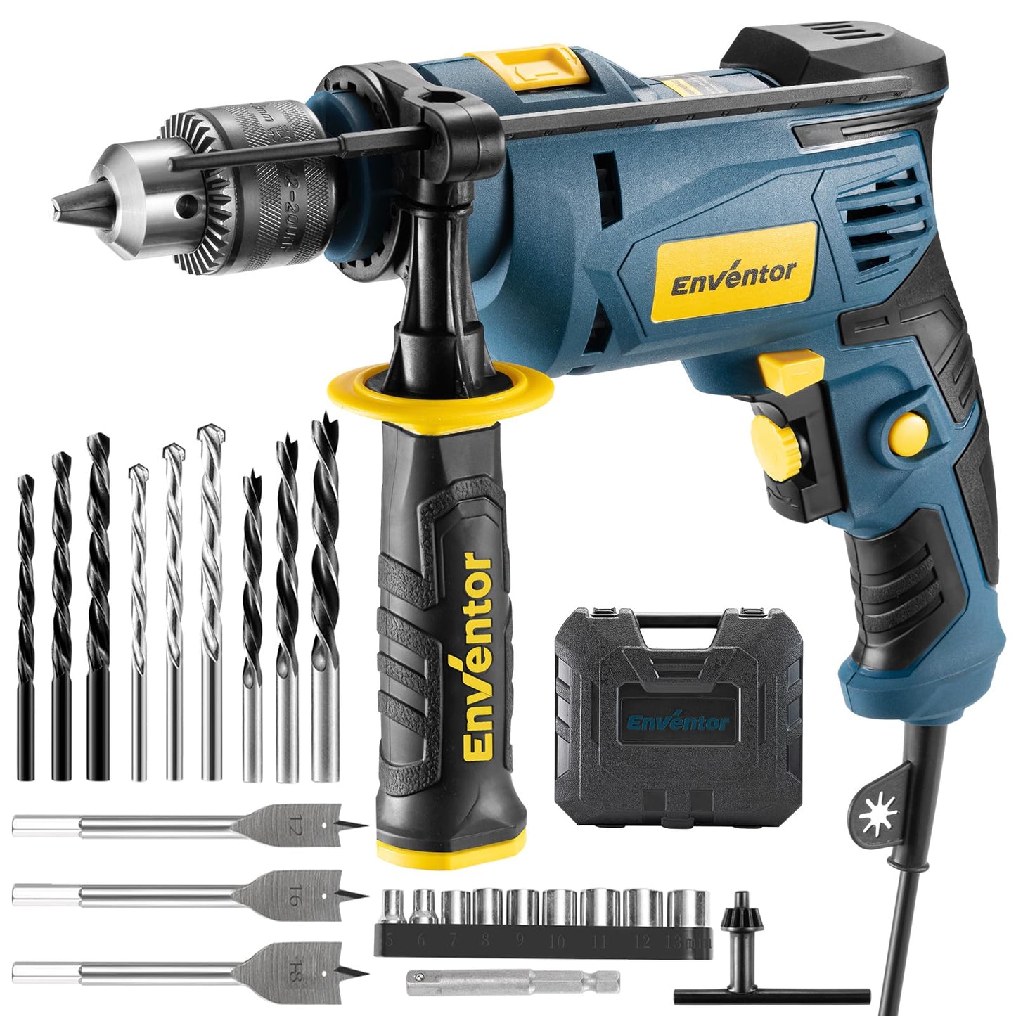 Enventor Hammer Drill, 750W 0-3100RPM Electric Corded Hammer Drill, Variable Speed, 13mm Chuck, 360? Auxiliary Handle, with 24pcs Accessories for