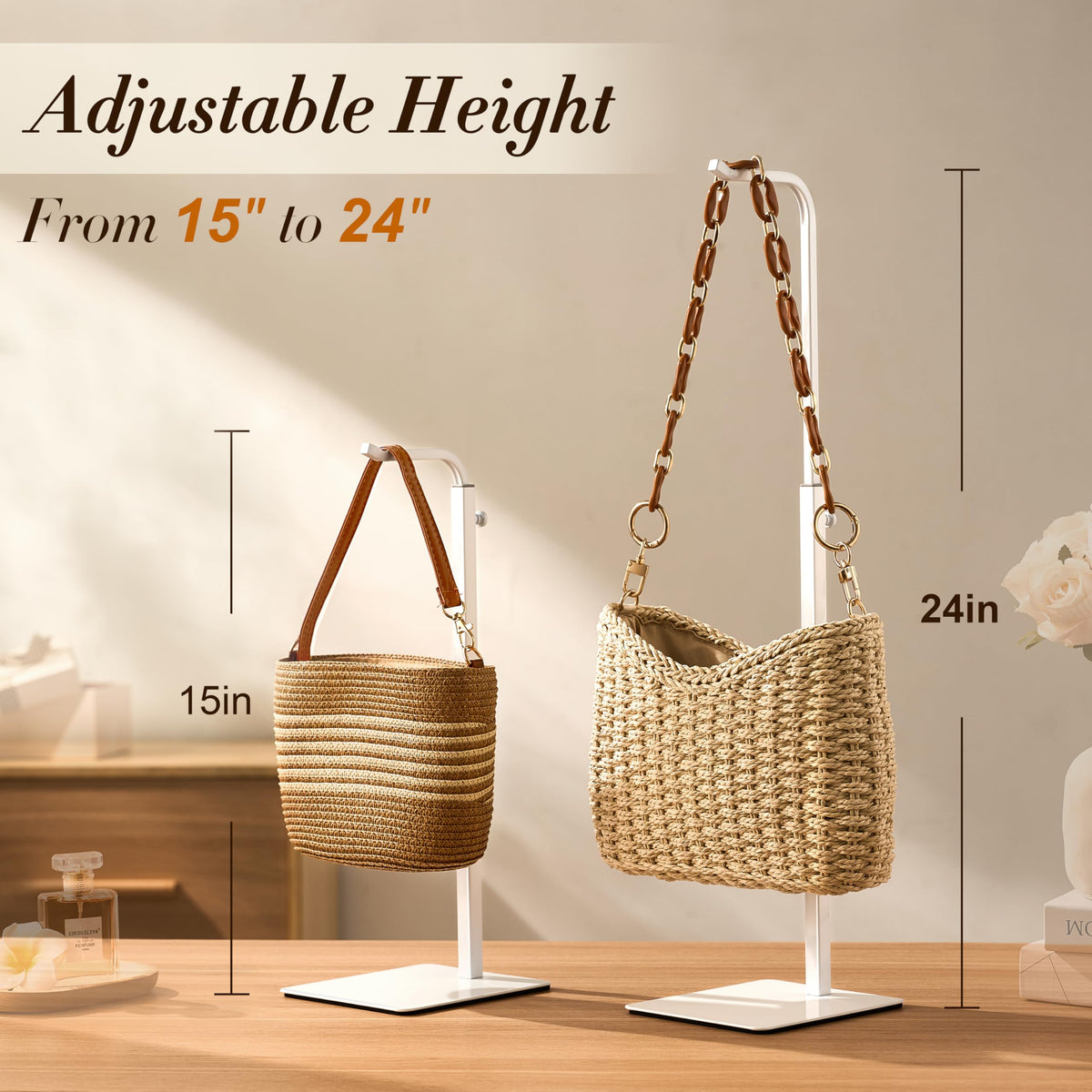 Josmimic 2 Pack Purse Holder Handbag Display Stand: White Hanger Rack for Bags, Purses, and Wreath, Adjustable Hook Stand for Tabletop, Closet