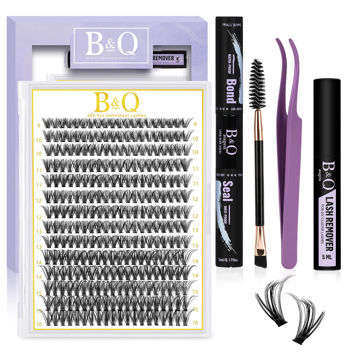 B&Q DIY Eyelash Extension Kit 280 PCS Cluster Lashes Kit D 9-16MIX Diy Lash Extensions Kit with Lash Bond and Seal Lash Remover Lash Applicators for