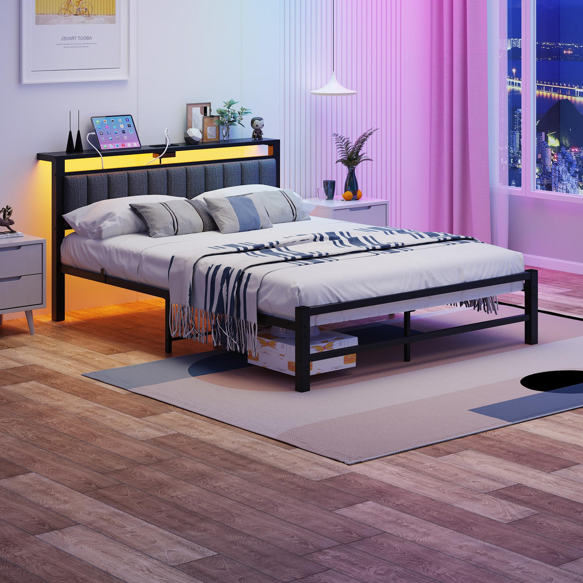 ARFARLY King Size Bed Frame with Storage Headboard, 5ft Upholstered Bed Frame Kingsize with Charging Station and LED Lights/Under Bed Storage/No Box