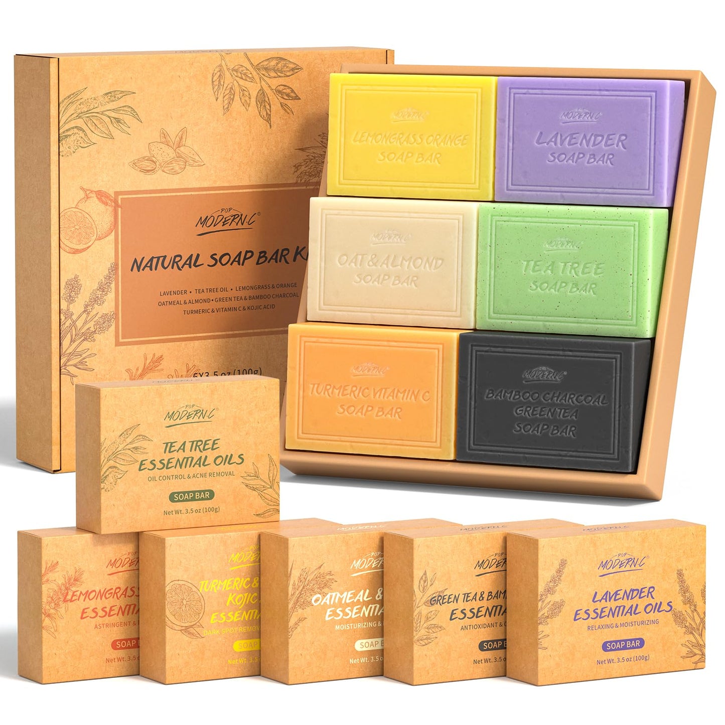Natural Soap Bar Gift Set for Mum, Body Wash Soap Bars Organic Soaps For Women & Men, Lavender, Tea Tree, Lemongrass Orange, Oatmeal Almond, Green Tea