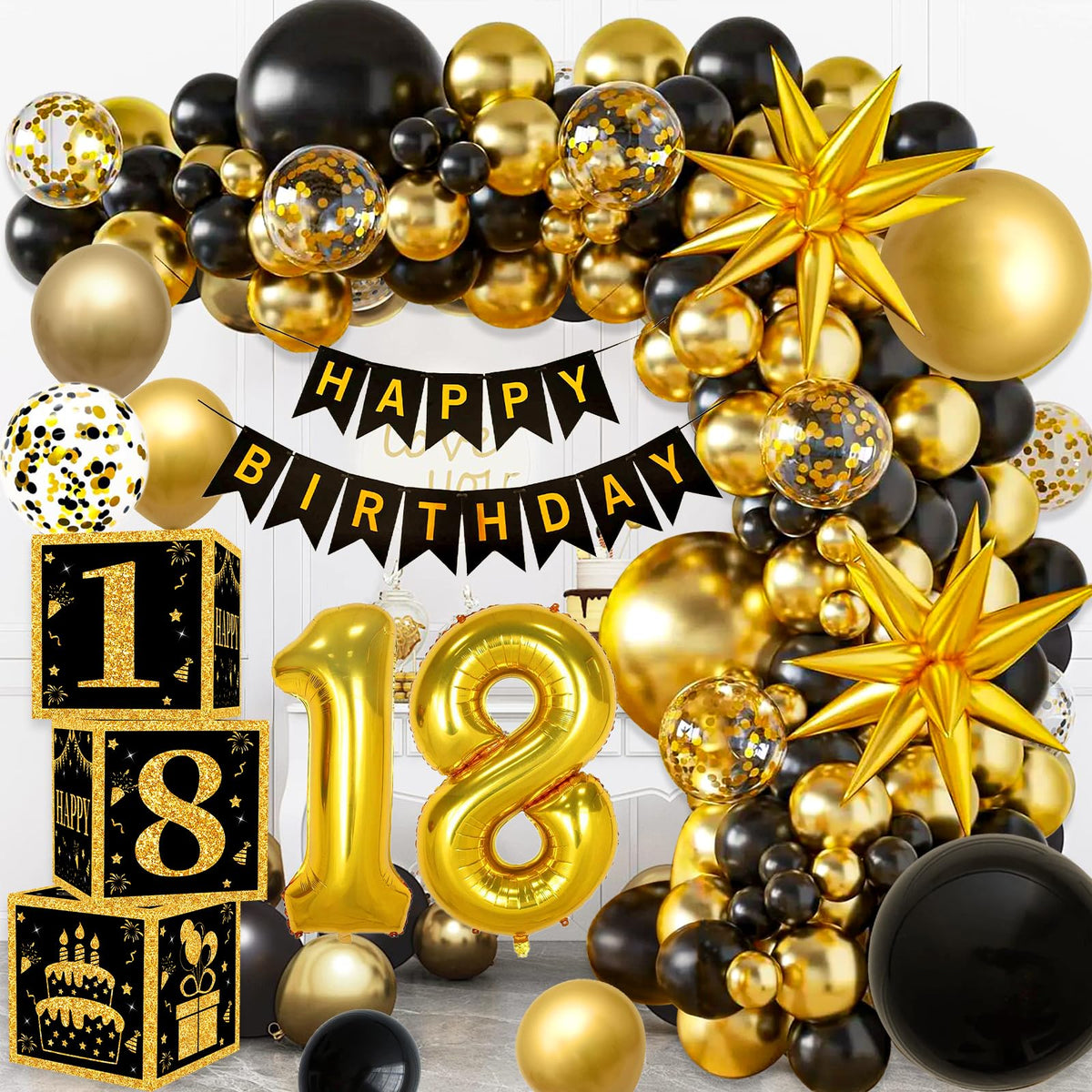 YEJIKJ 18th Birthday Decorations Set, Black and Gold Party Decorations 18th Birthday For Boys, Black Gold Balloons Party Supplies