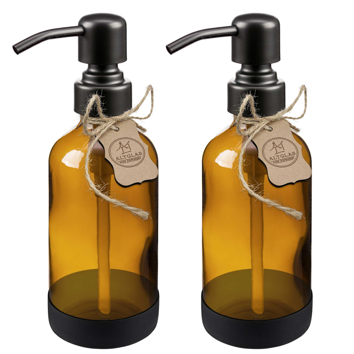 ALTGLAS Refillable Glass Soap Dispenser 'Sarajevo' from Amber Bottle with Silicone Coaster and 304 Stainless Steel Pump in Matt Black (250ml, Set of