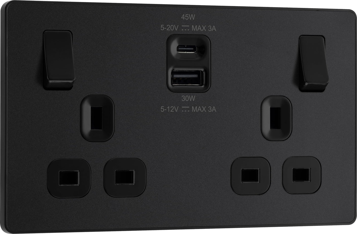 BG Electrical 45W Double Switched Power Wall Plug Socket with Super Fast Charge Type A and Type C USB Charging Ports, Evolve, Matt Black, 13A,
