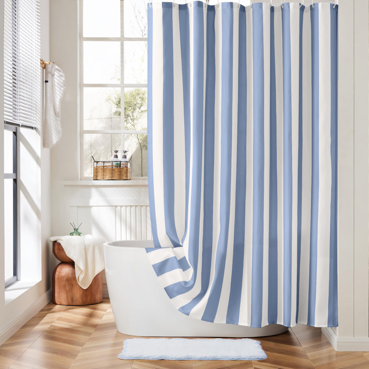 Ohocut Vertical Striped Blue Shower Curtain, Cute Retro Vintage Blue Stripe Bathroom Shower Curtain, Waterproof Polyester Fabric Modern Bath Curtain