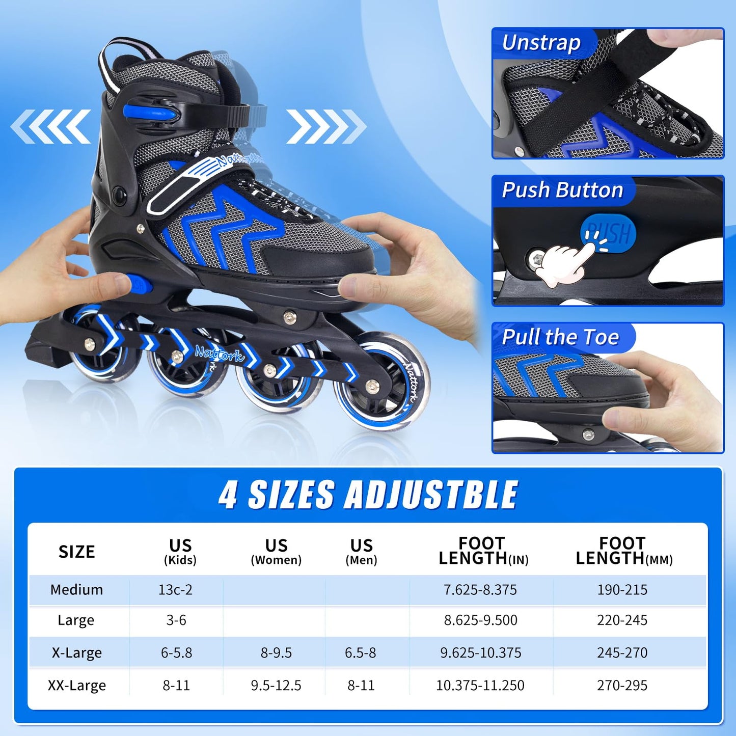Nattork Adjustable Inline Skates for Kids and Adult with Light Up Wheel, Outdoor & Indoor Illuminating Roller Skates for Girls and Boys,Beginners