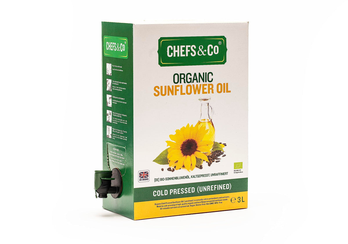 CHEFS & CO Organic Sunflower Oil | Plant-Based Oil | Ideal for Baking, Saut?ing & Dressings(COLD PRESSED, 3L(Pack of 1))