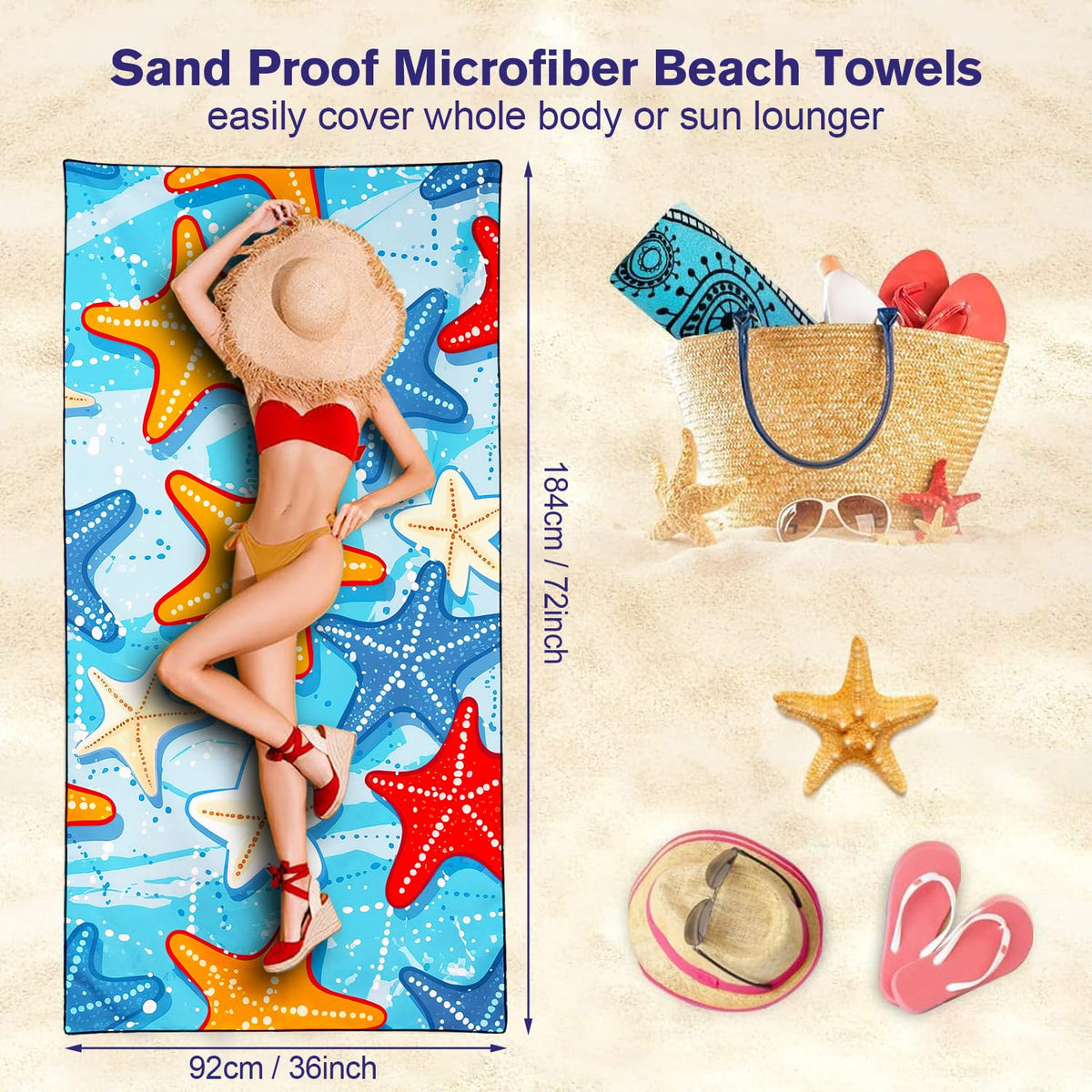 Violetpos Colorful Starfish Beach Towel, Extra Large 180x90 cm 250GSM Microfibre, Sand Free Quick Dry