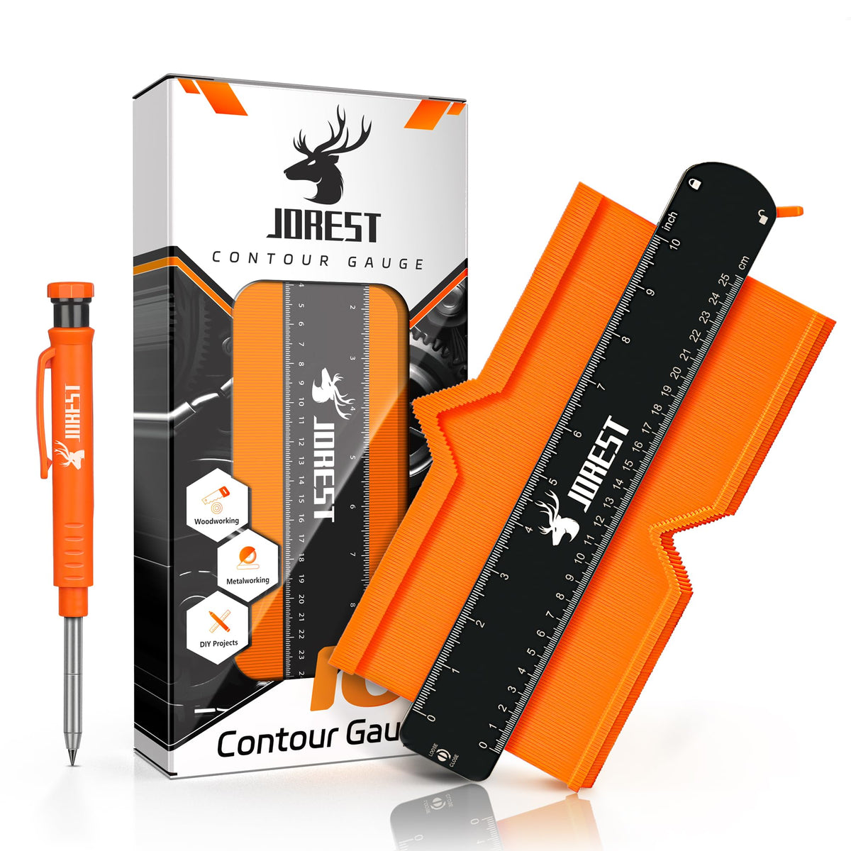 JOREST Contour Gauge 10 Inch + Carpenter Pencil, Profile Template Tool for Laminate Flooring, Tile Laying, Woodworking, Measuring Shape Outline,